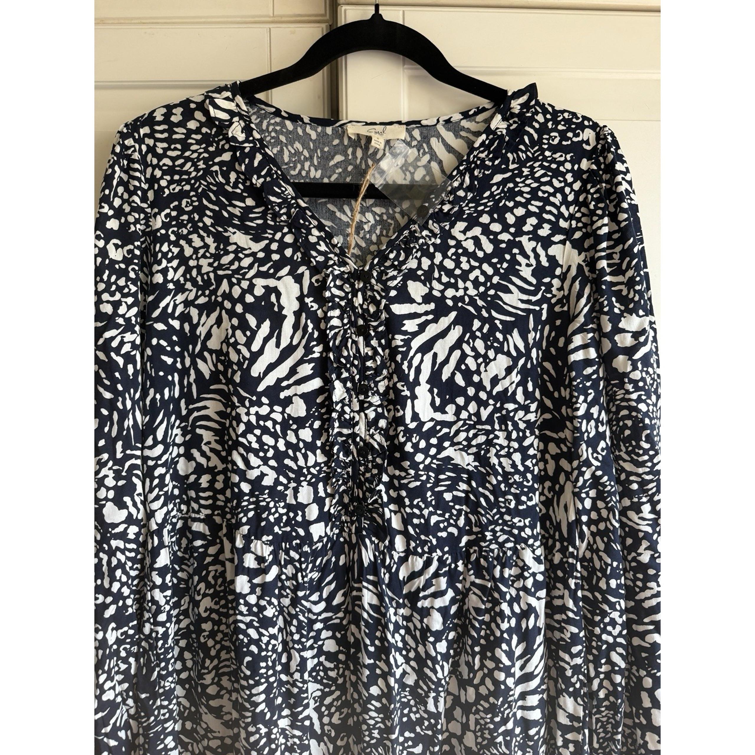 Easel Anthropologie Womens Small Maxi Dress Blue White Tiered Long Sleeve Boho