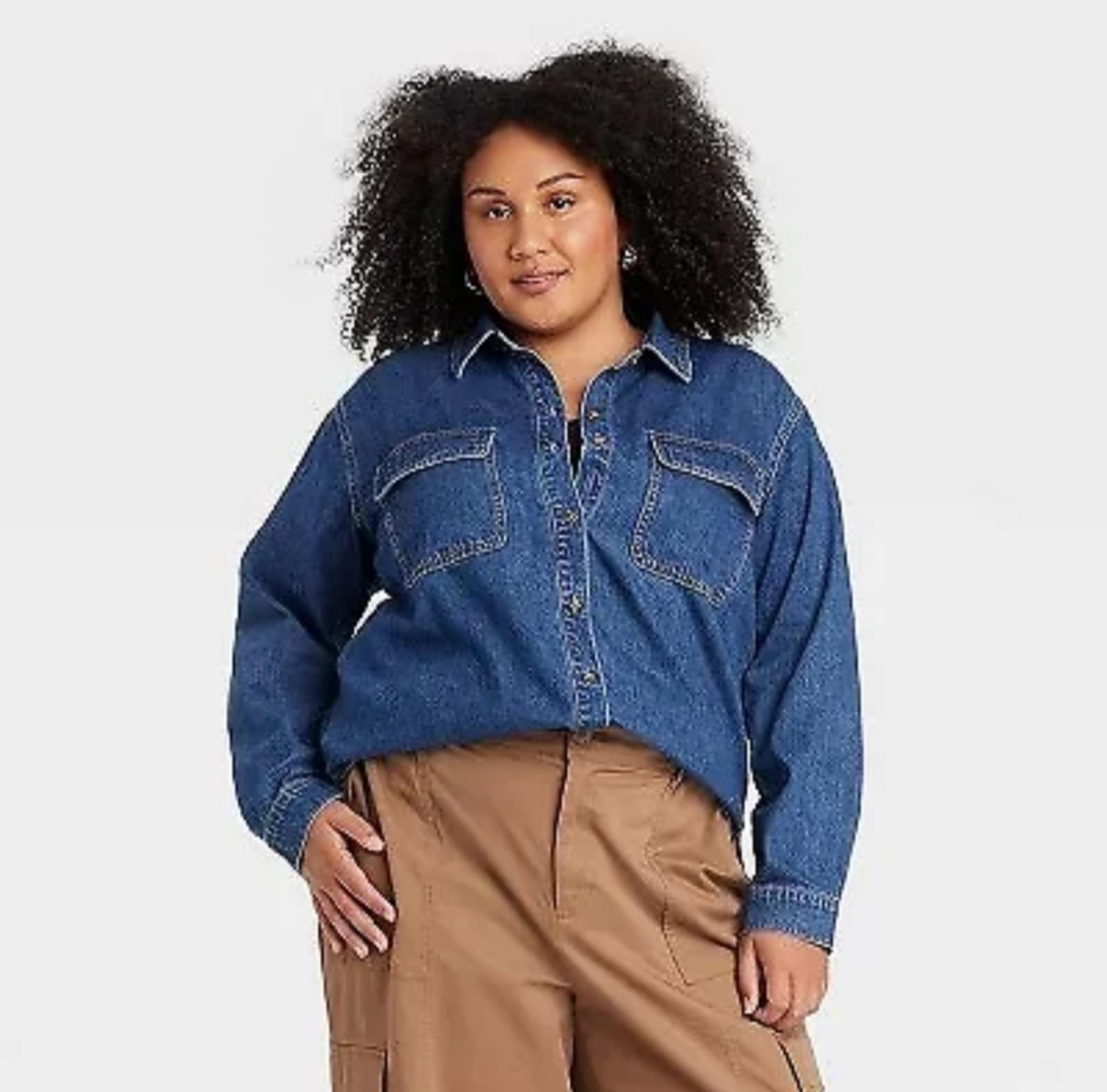 Women's Denim Long Sleeve Button-Down Shirt - Ava & Viv Medium Wash XXL/17