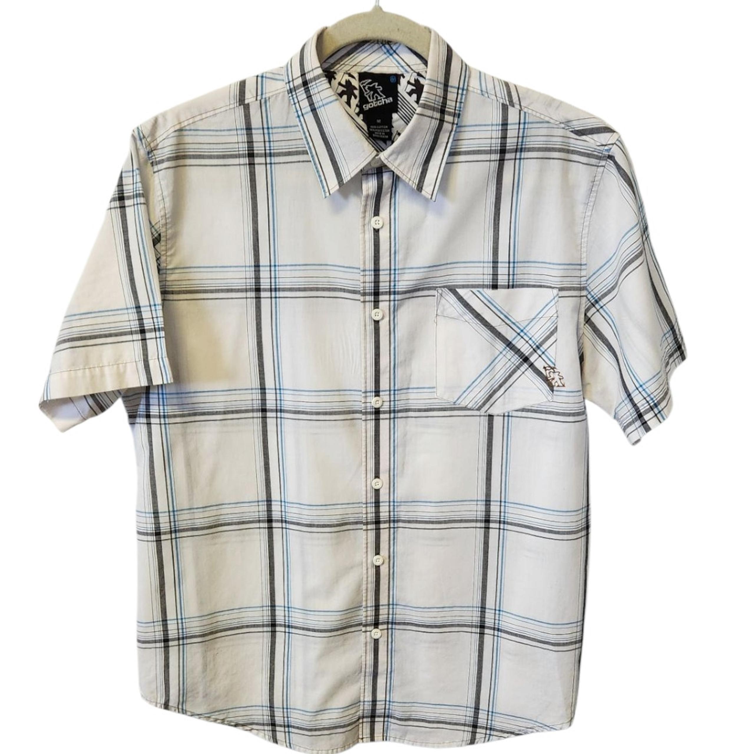 90s Vintage Gotcha White Blue Plaid Short Sleeve Button Down Shirt Size Medium