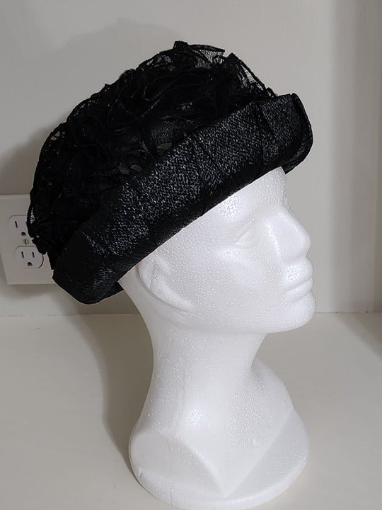 Antique Black Raffin Straw Edge Crochet Hat With Black Sheer Ruffled Top Haddon