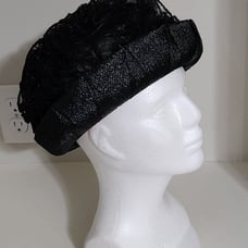 Antique Black Raffin Straw Edge Crochet Hat With Black Sheer Ruffled Top Haddon