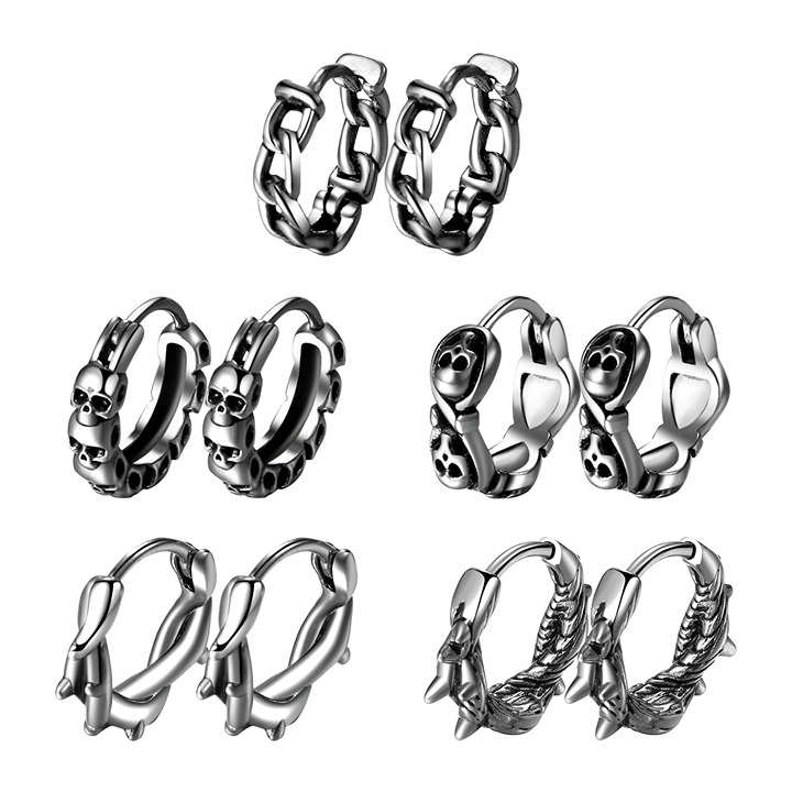 5 Pairs Halloween Gothic Stainless Steel Punk Skull Spike Huggie Hoop Earrings