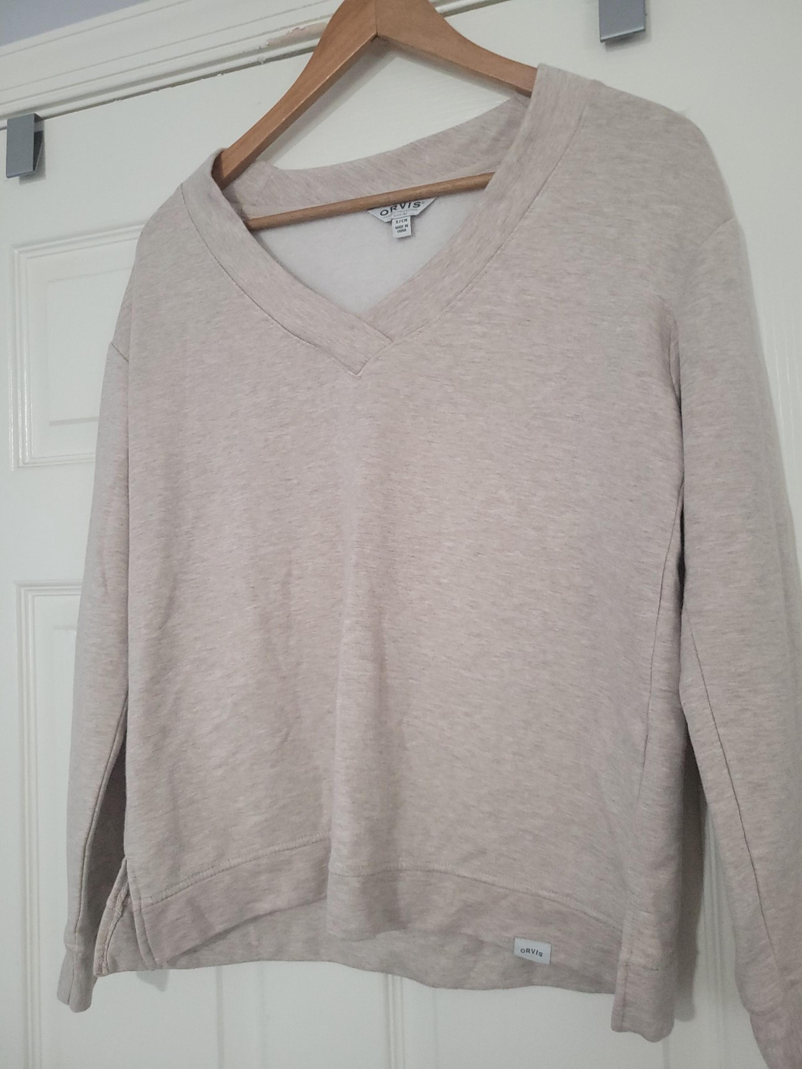 ORVIS Womens V-Neck Sweatshirt Size S Soft Color is Taupe / Beige Fleece Lined