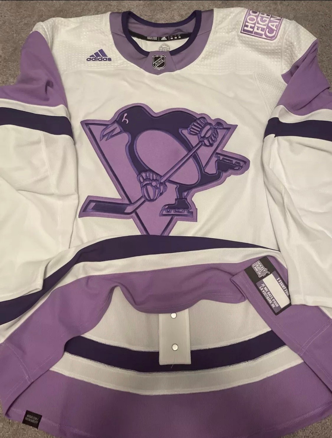 NWT MiC Adidas Authentic Pittsburgh Penguins Hockey Fights Cancer Jersey 58