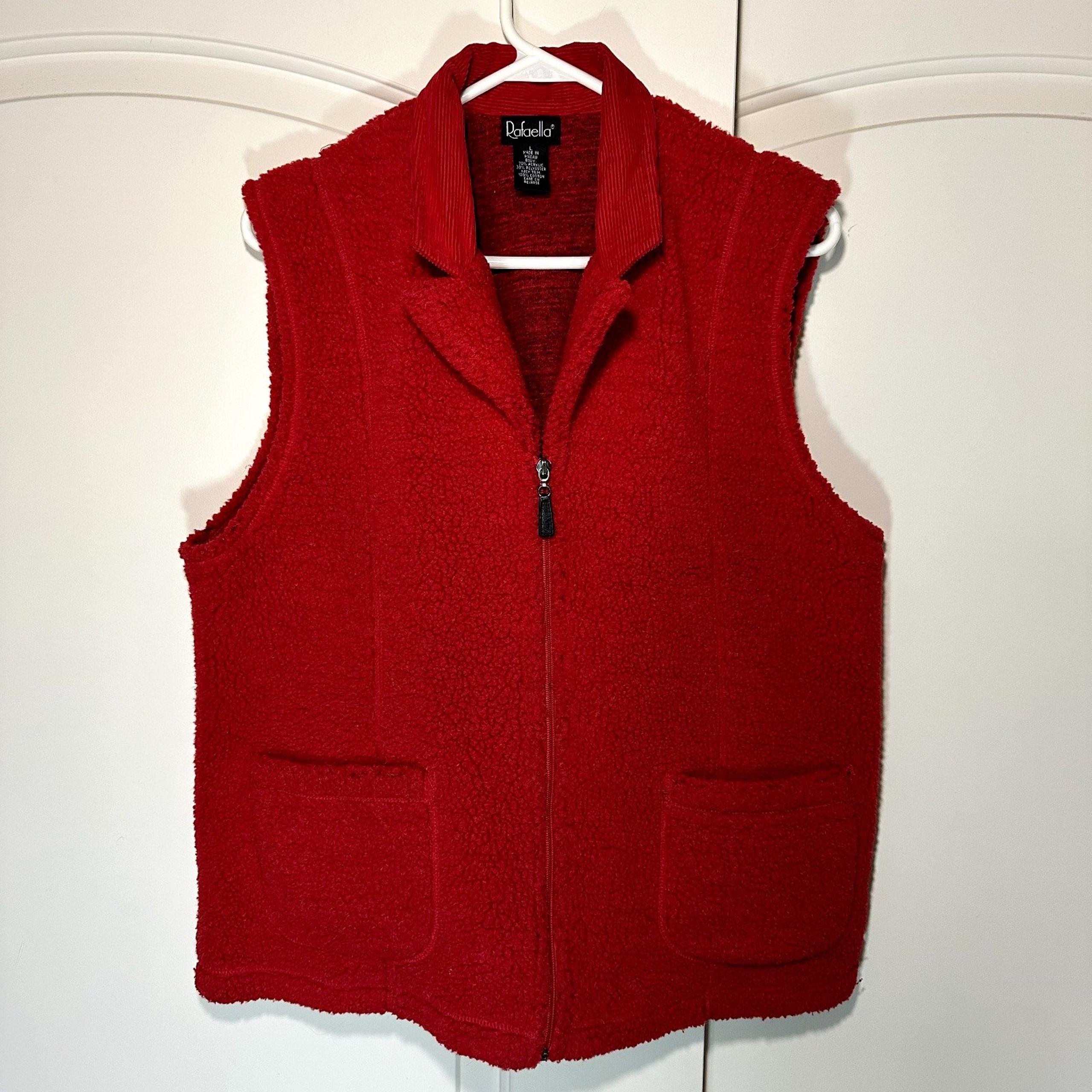 Vintage Rafaella Bright Red Sherpa Corduroy Collar Vest Pockets Womens Large