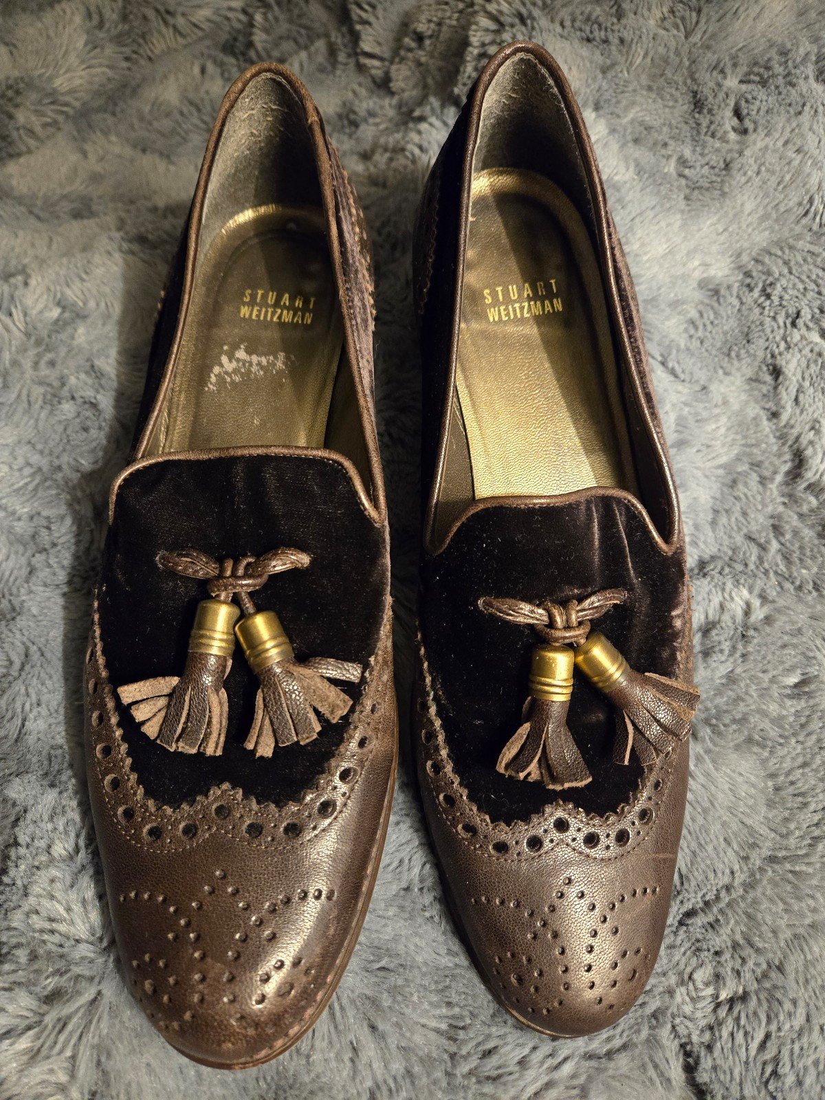 STUART WEITZMAN Sz 9 Loafers Leather Velvet Brogue Winged Print