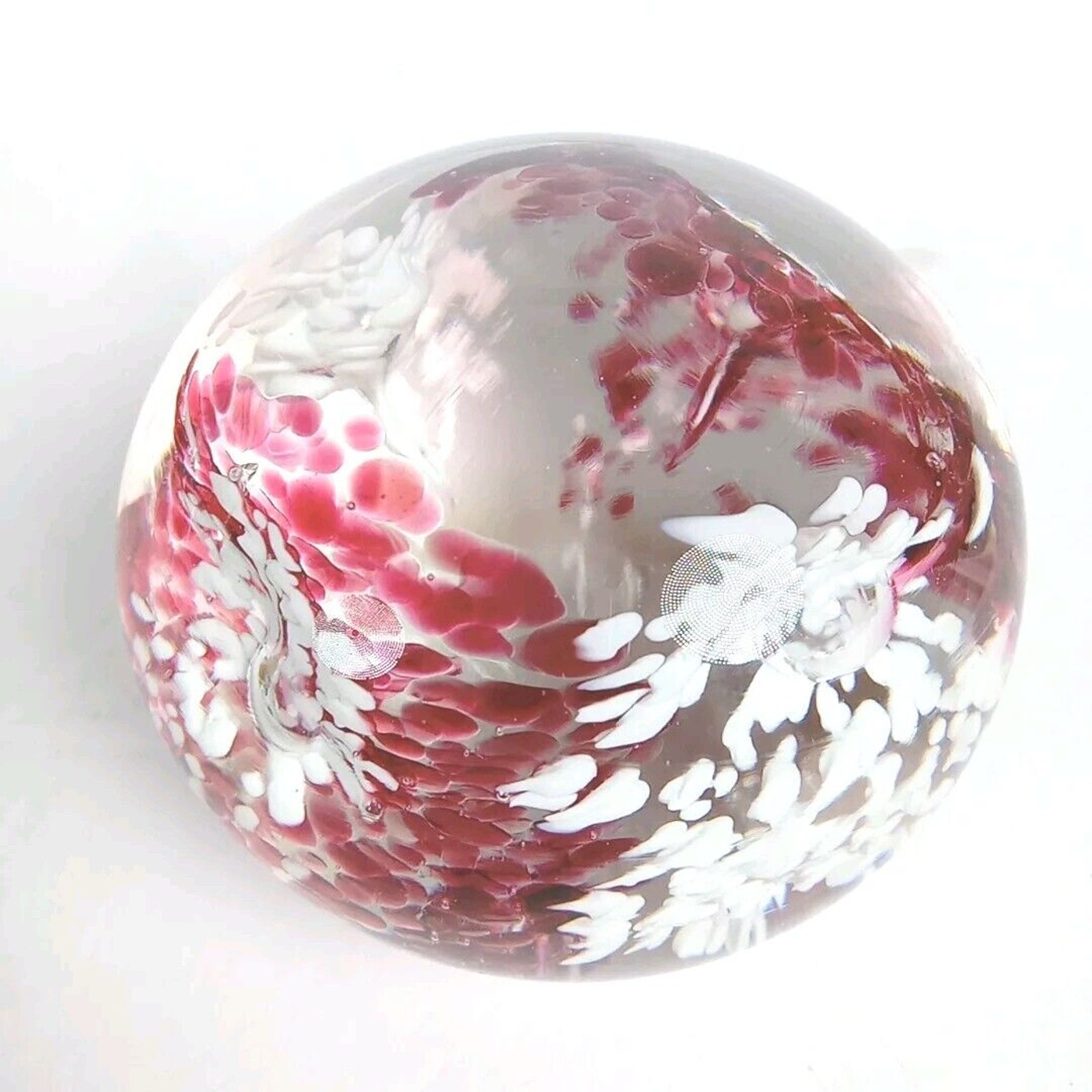 Signed SEW ART GLASS Paperweight Pink Rose Plum White Swirl Hand Blown Vintage