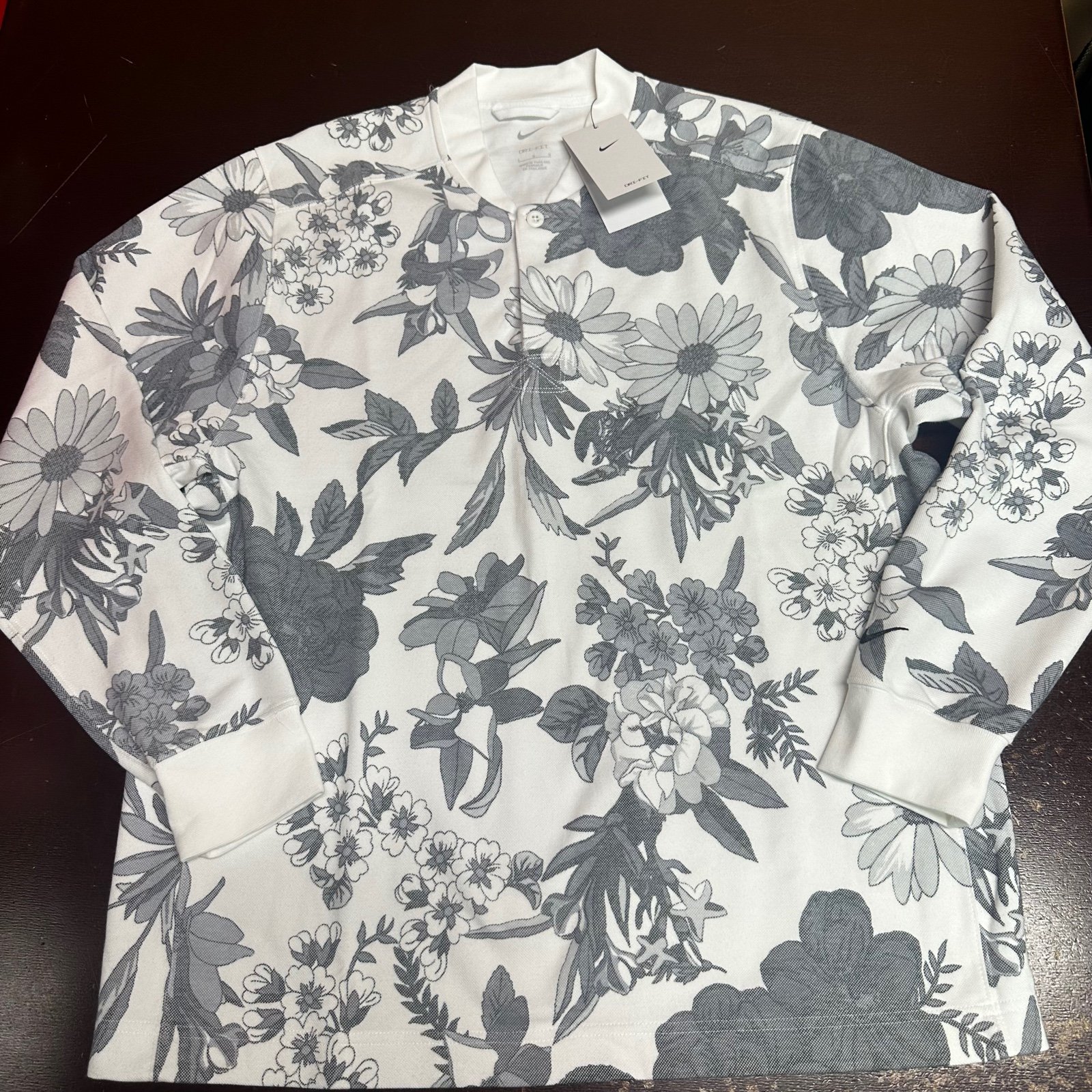Nike Mens White Floral Dri-Fit DH1943-100 Long Sleeve Pullover Golf Shirt Size L