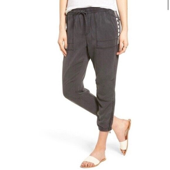 PAM & GELA Beaded Tencel Jogger Cropped Pants Ankle Zippers, Size S Small