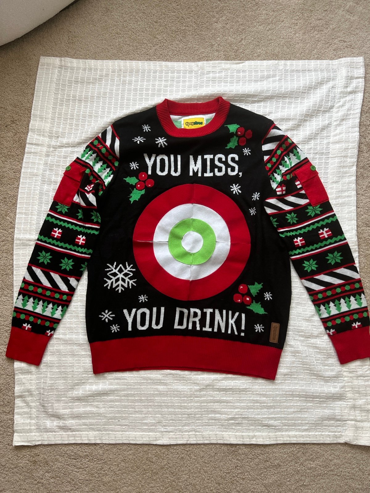 Tipsy Elves Christmas Bullseye Drink Game Sweater Size Large