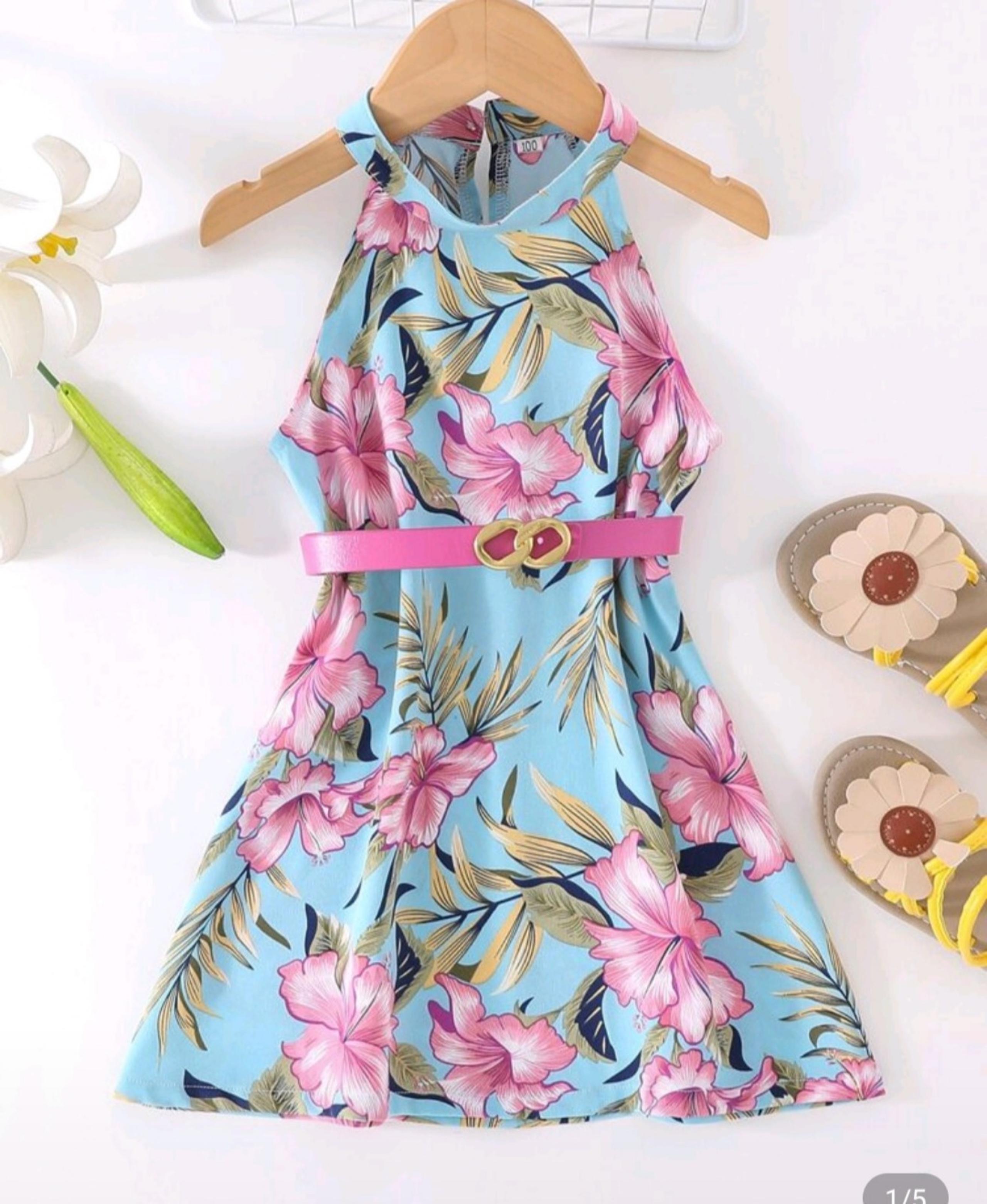 Girls summer Chic floral blue pink a-line summer dress size 120 (5/6) EUC