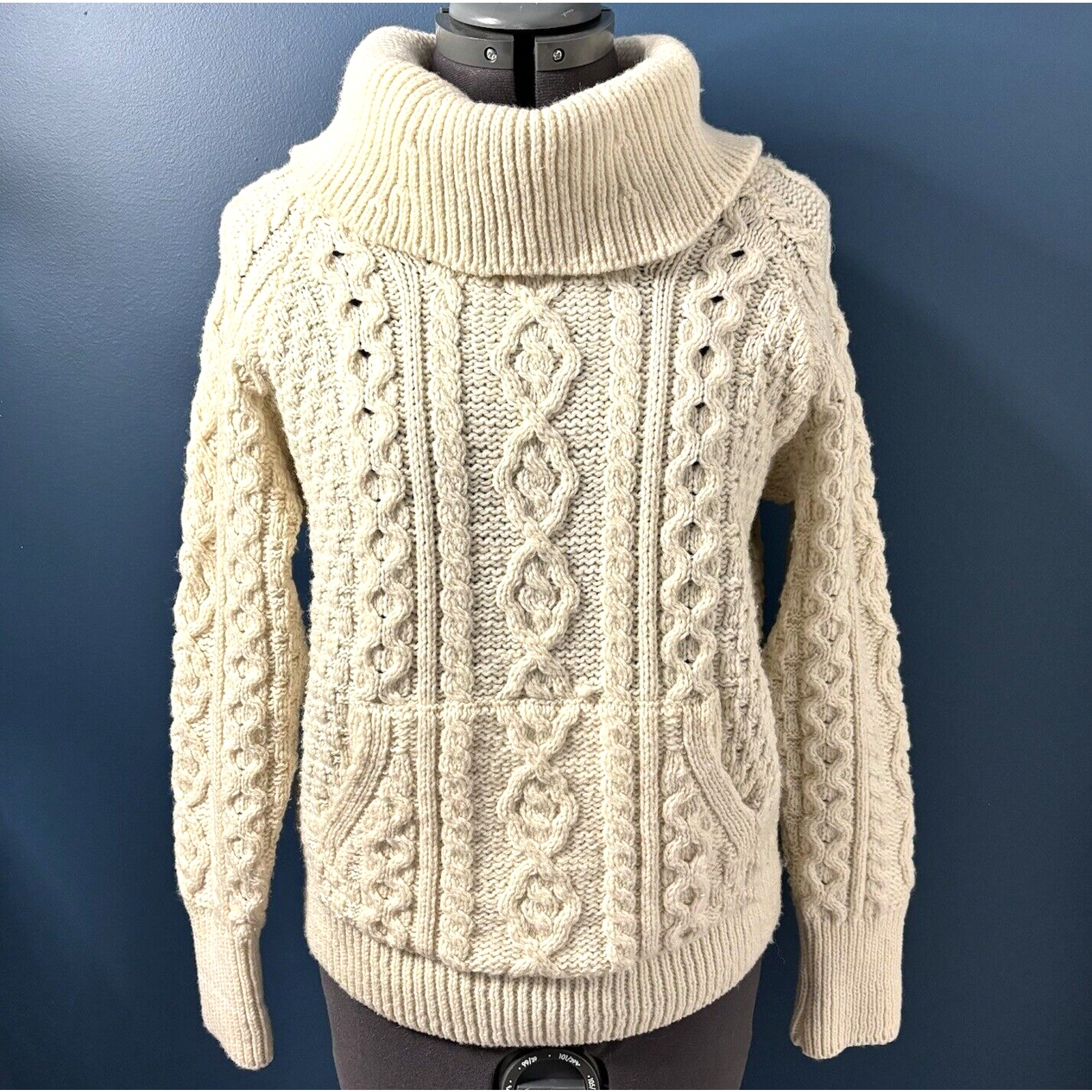 Ireland Wool Chunky Cable Fisherman Cowlneck Sweater Pocket Medium Aran Isles