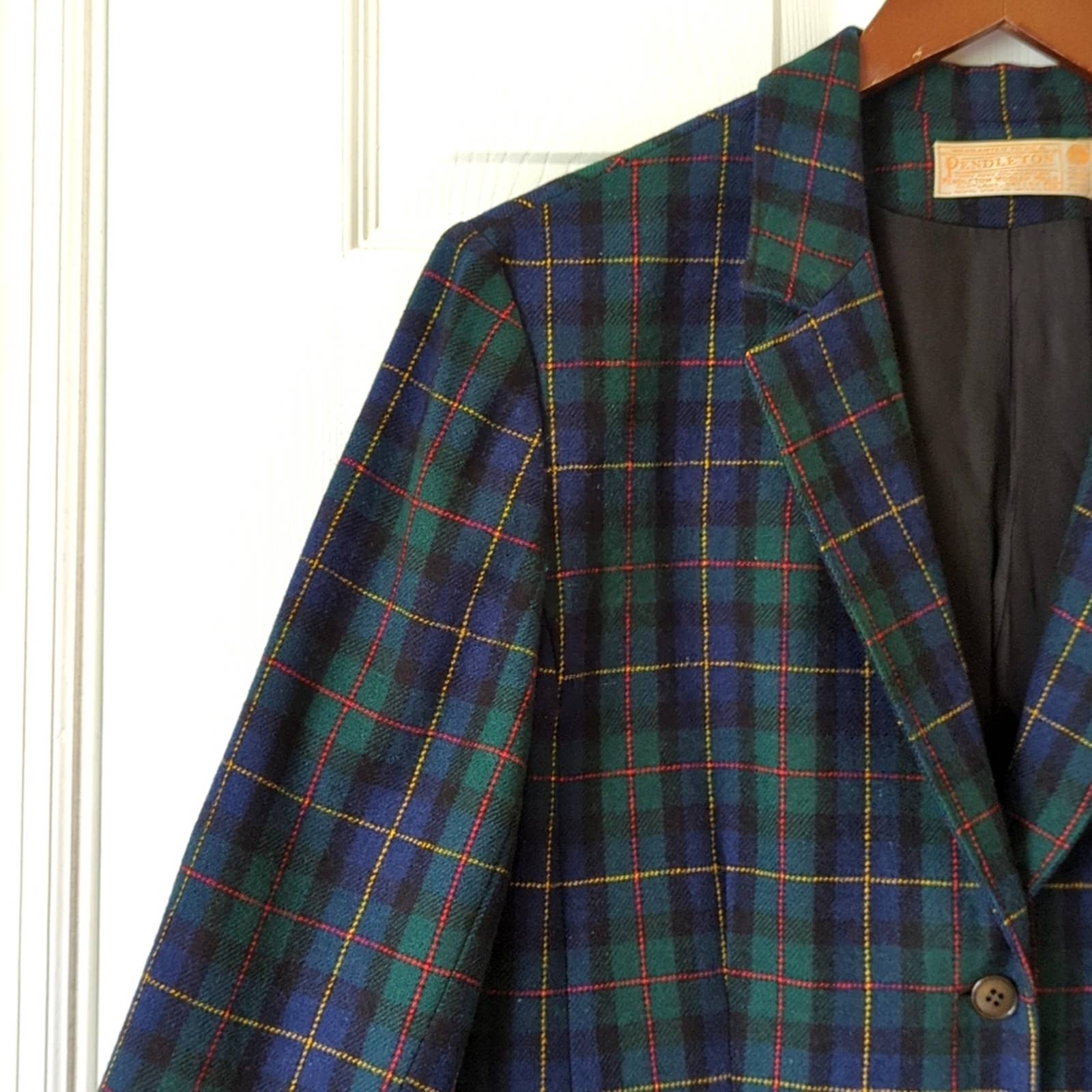 Pendleton 80's Vintage 100% Wool Classic Plaid Boxy Blazer Jacket Green top Blue 18
