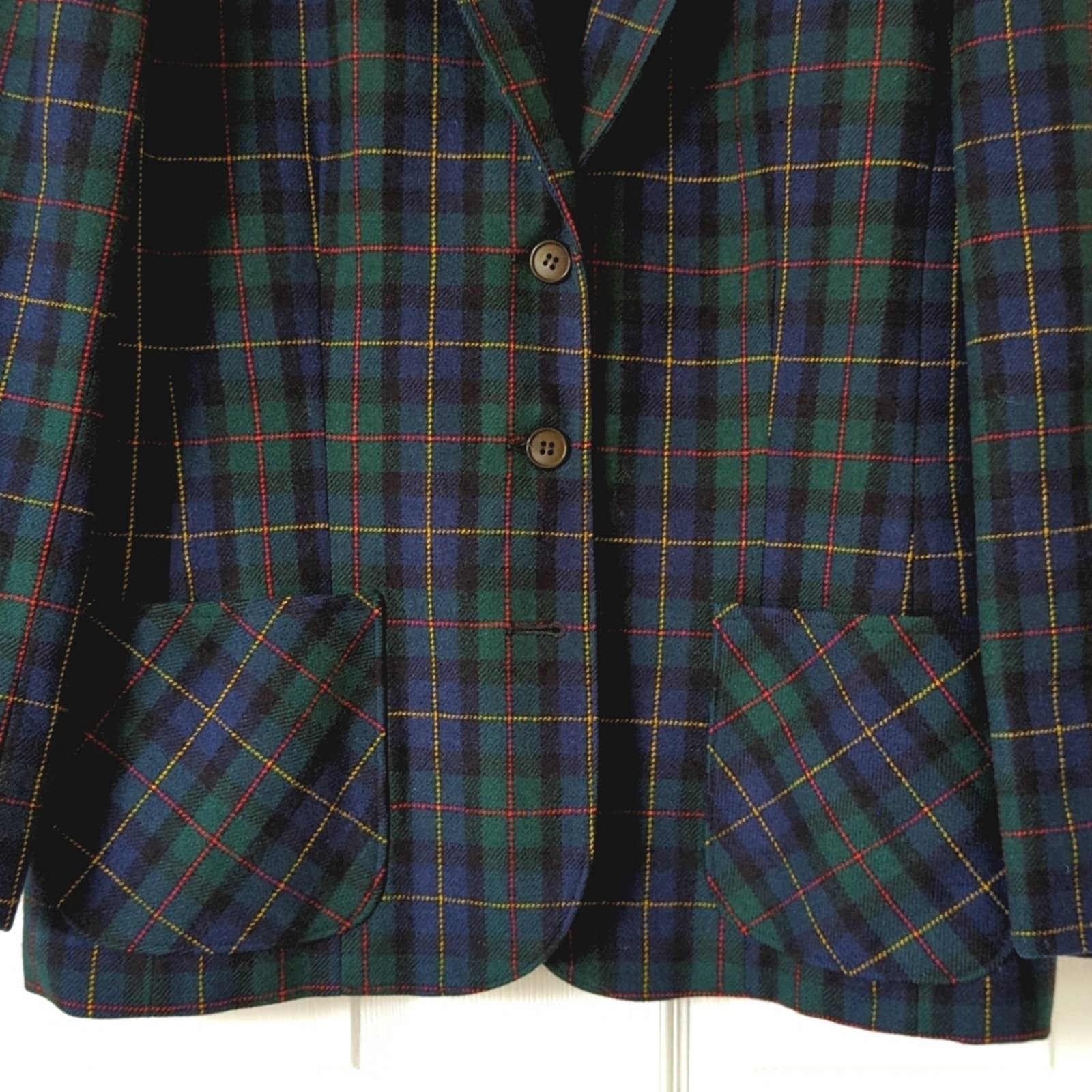 Pendleton 80's Vintage 100% Wool Classic Plaid Boxy Blazer Jacket Green top Blue 18