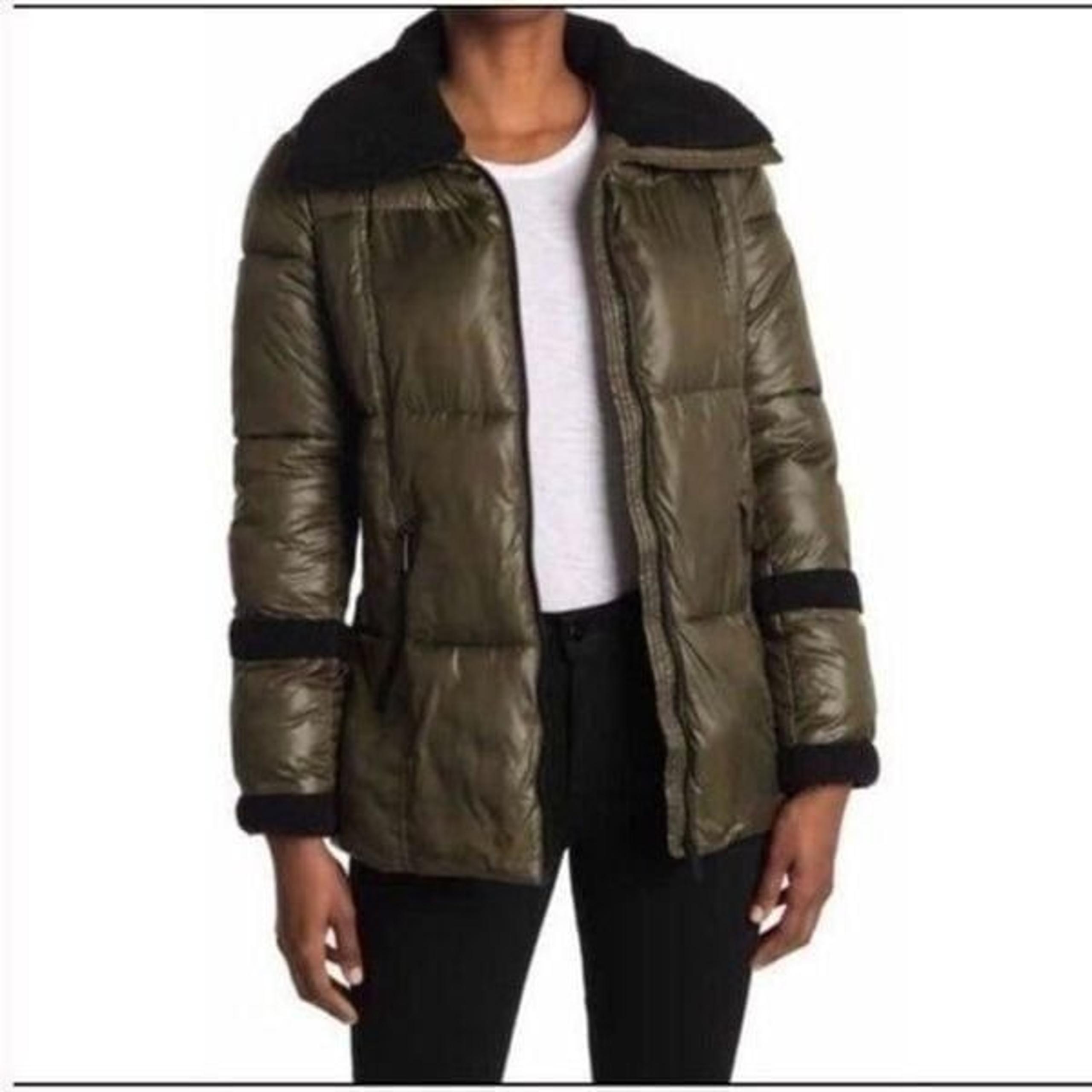 NEW French Connection Olive Green Berber Trim Water Repellent Puffer Jacket XS