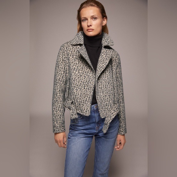 Zara Womens Wool Animal Print Asymmetrical Zip Belted Cropped Moto Jacket Size S
