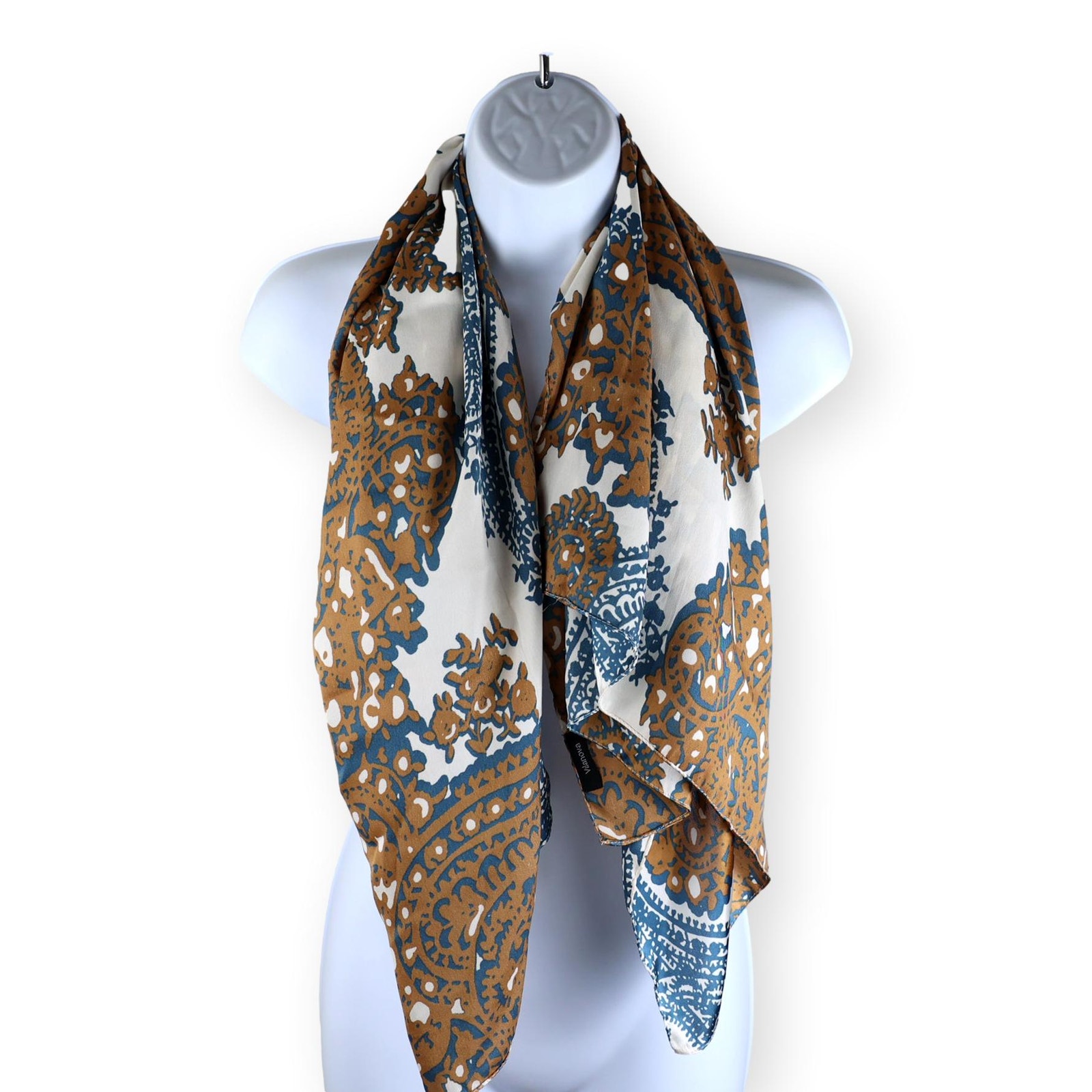 Vilanova Modern Paisley Blue Gold Cream Satin Square Scarf 40 x 40