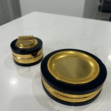 Vintage Table Lighter & Ashtray Black Gold Large Heavy Tray Brass Gold Plated