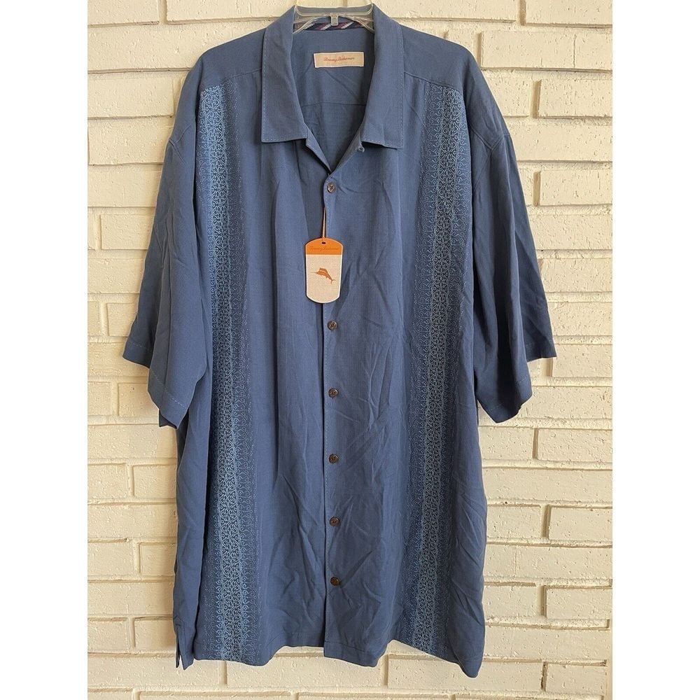 NEW Tommy Bahama Embroidered Silk Camp Shirt, Blue Size 3XT Short Sleeve NWT