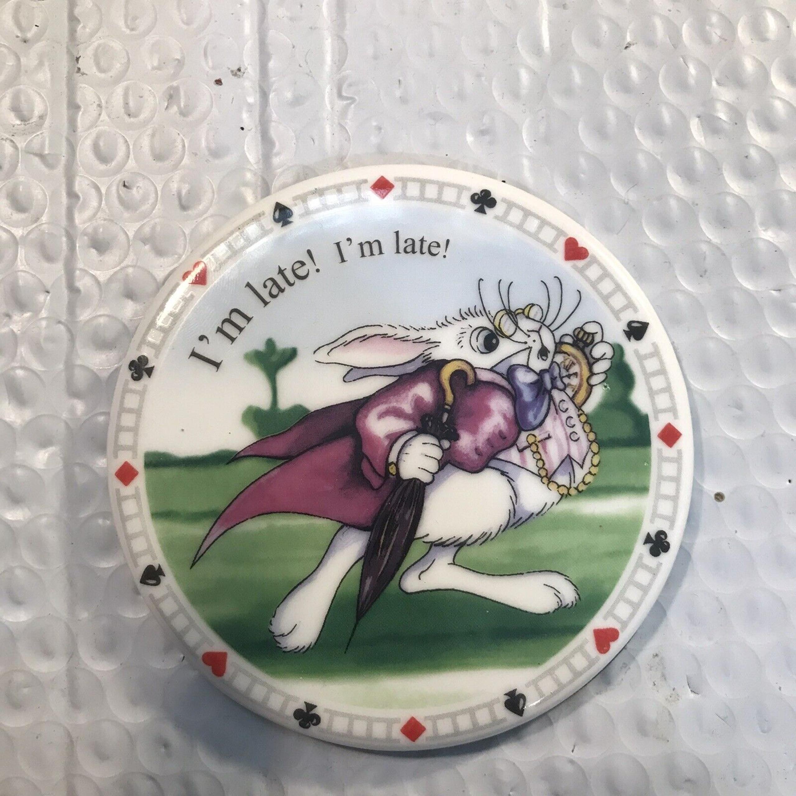 White Rabbit "Im Late! Im Late!" Ceramic Coaster With Black Felt Backing