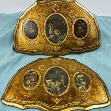 Vintage Italian Gold Tone Fan Shaped Wood Plaques Still Life Fruit & Flowers Art