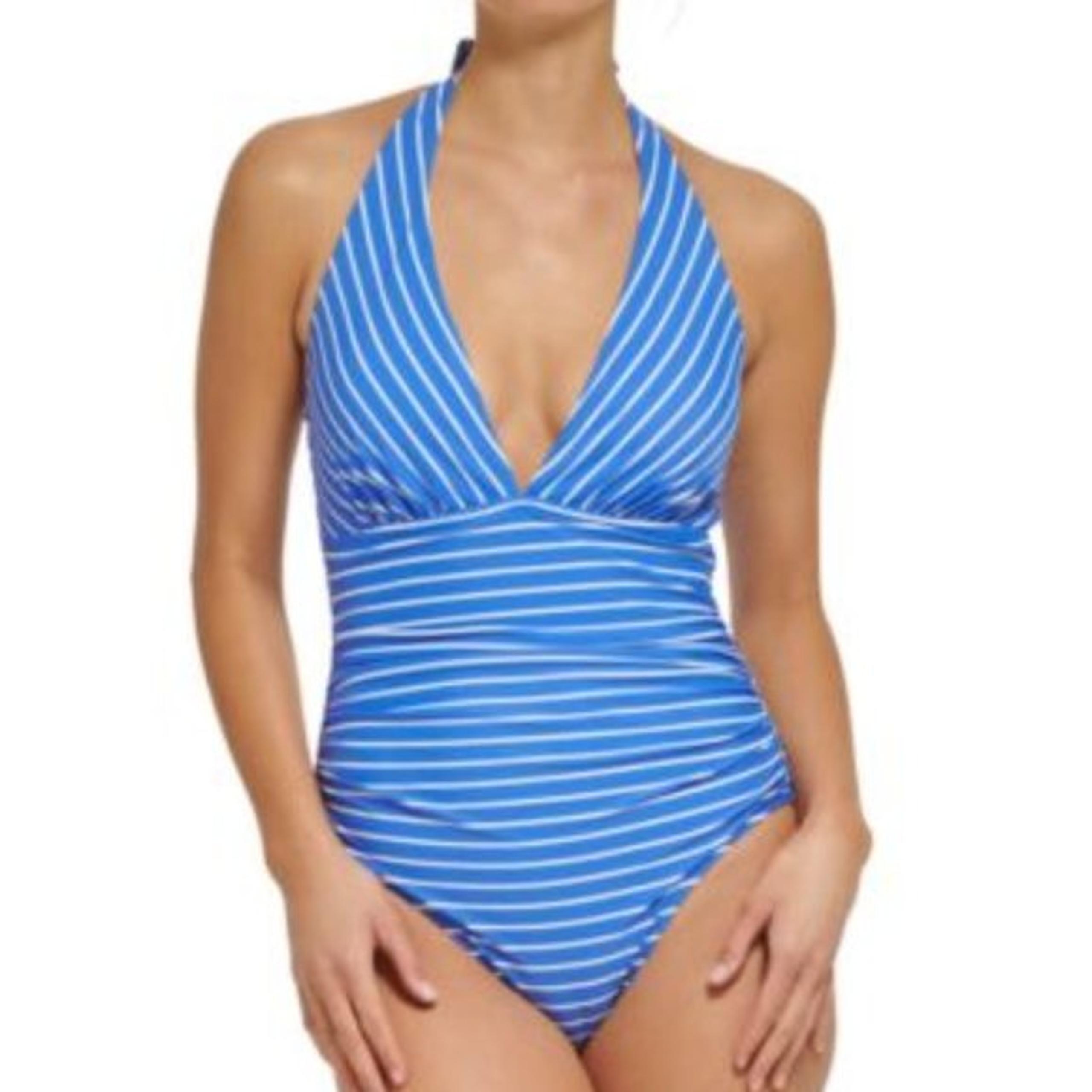 NWT Tommy Hilfiger Striped Tummy-control One-Piece Halter Swimsuit Blue 16