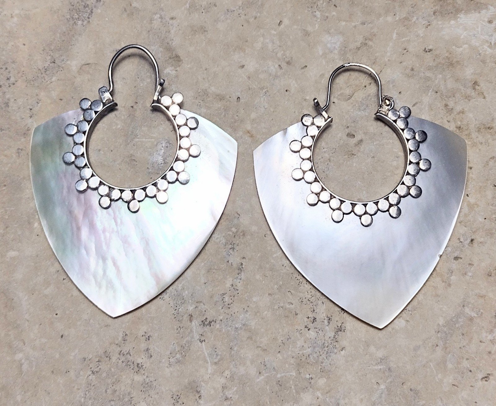 Vintage Sterling Silver Mother of Pearl Hoop Dangle Earrings