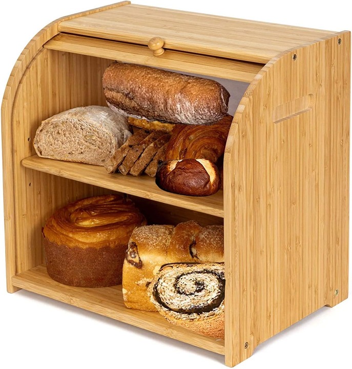 Purbambo Bamboo Bread Box for Kitchen Countertop, Double Layer Roll-top Bread St