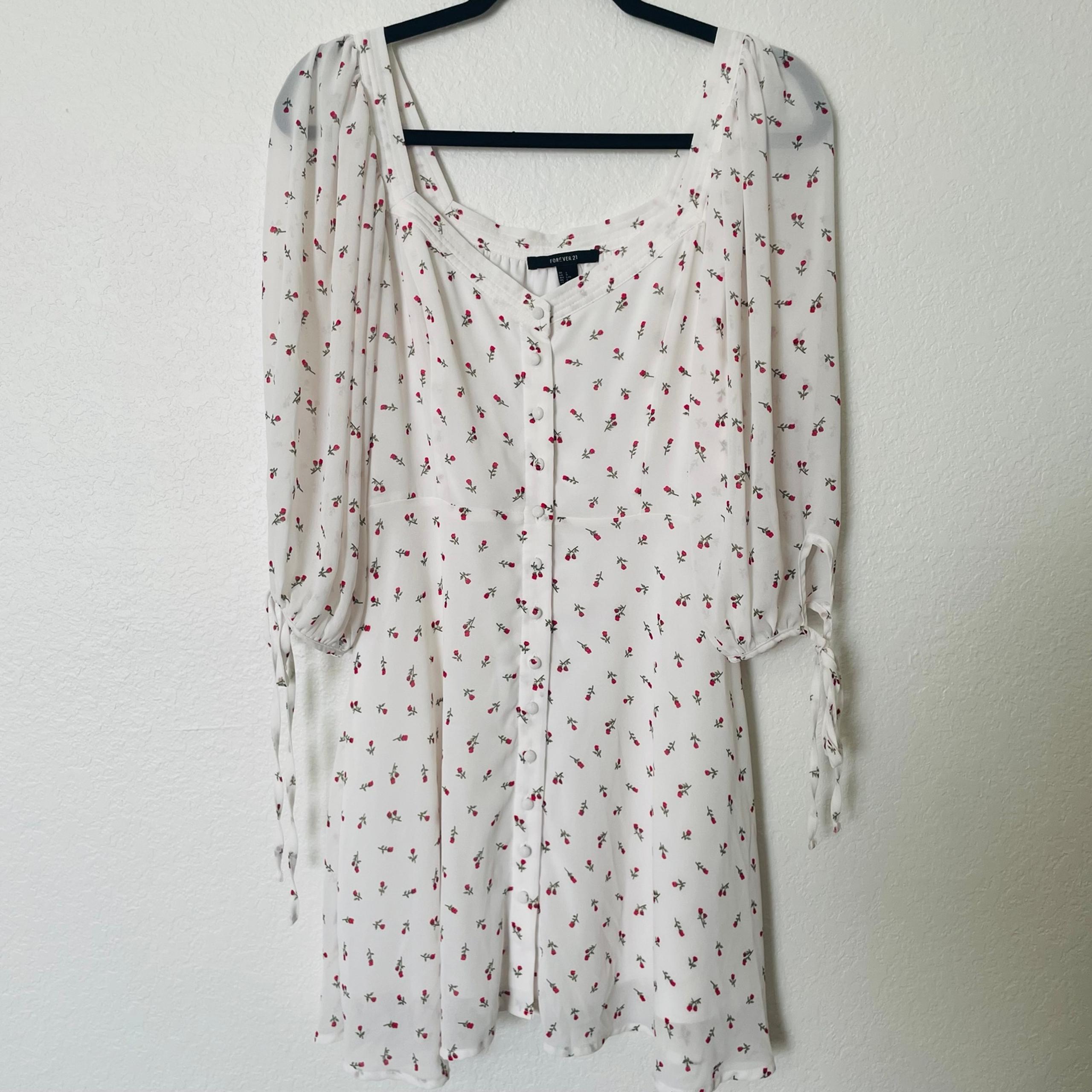 Forever 21 woman white rose mini chiffon dress size L coquette girl prairie core
