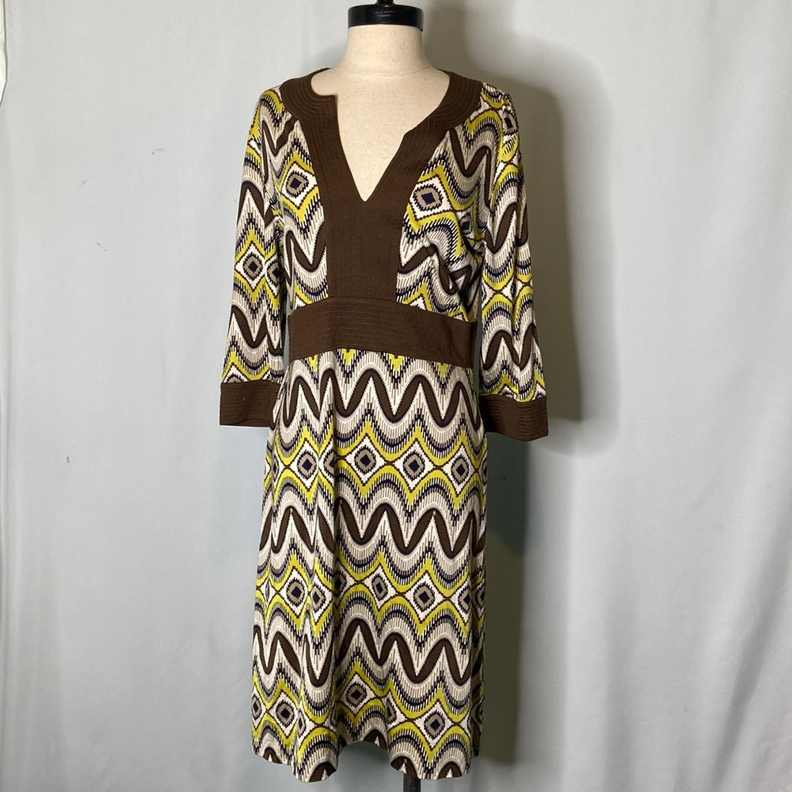 Tory Burch  Silk Jersey Knit Green Brown Black Midi Dress Medium