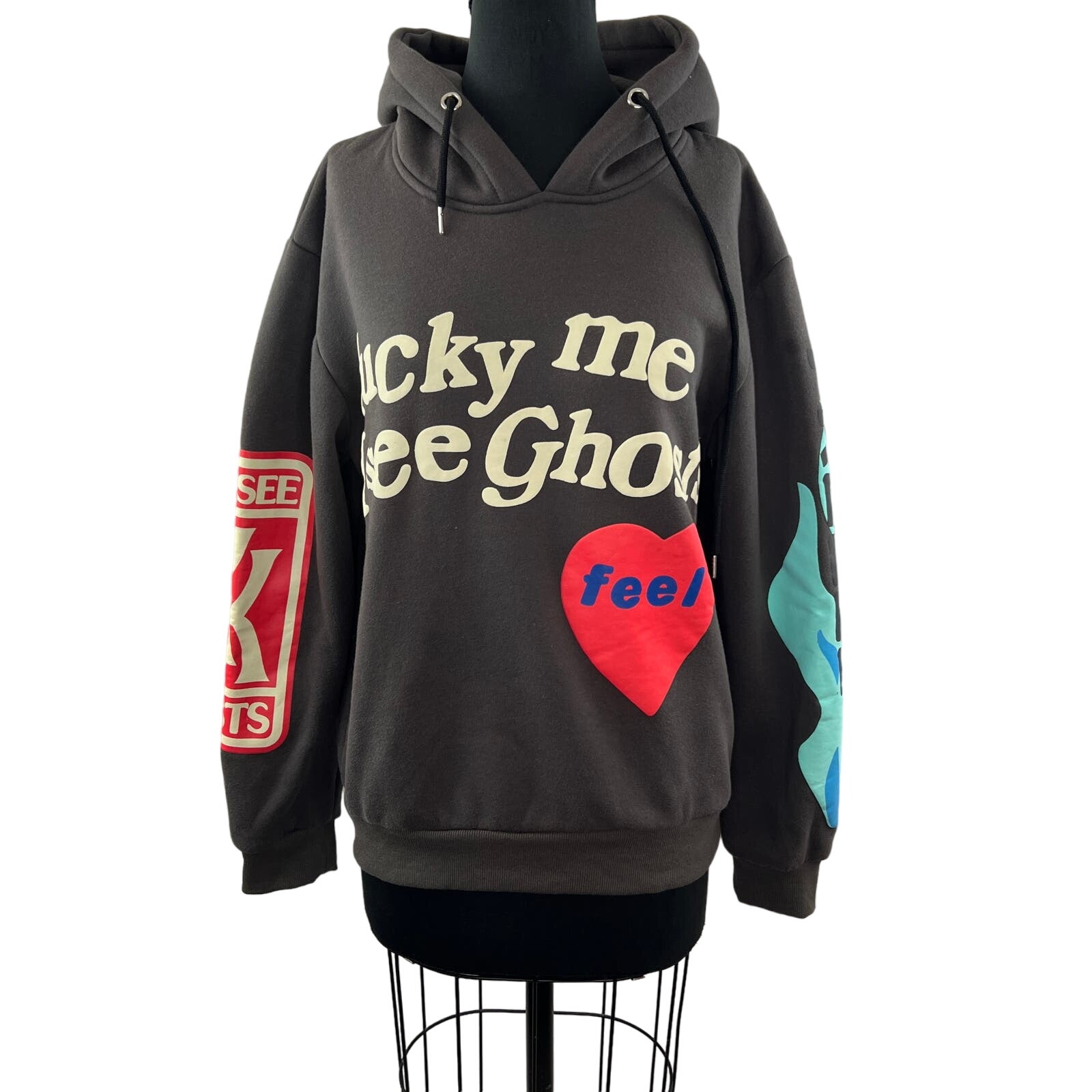 Gray Lucky Me I See Ghosts Hoodie Fleece Kanye West Graphic Print Size Large L