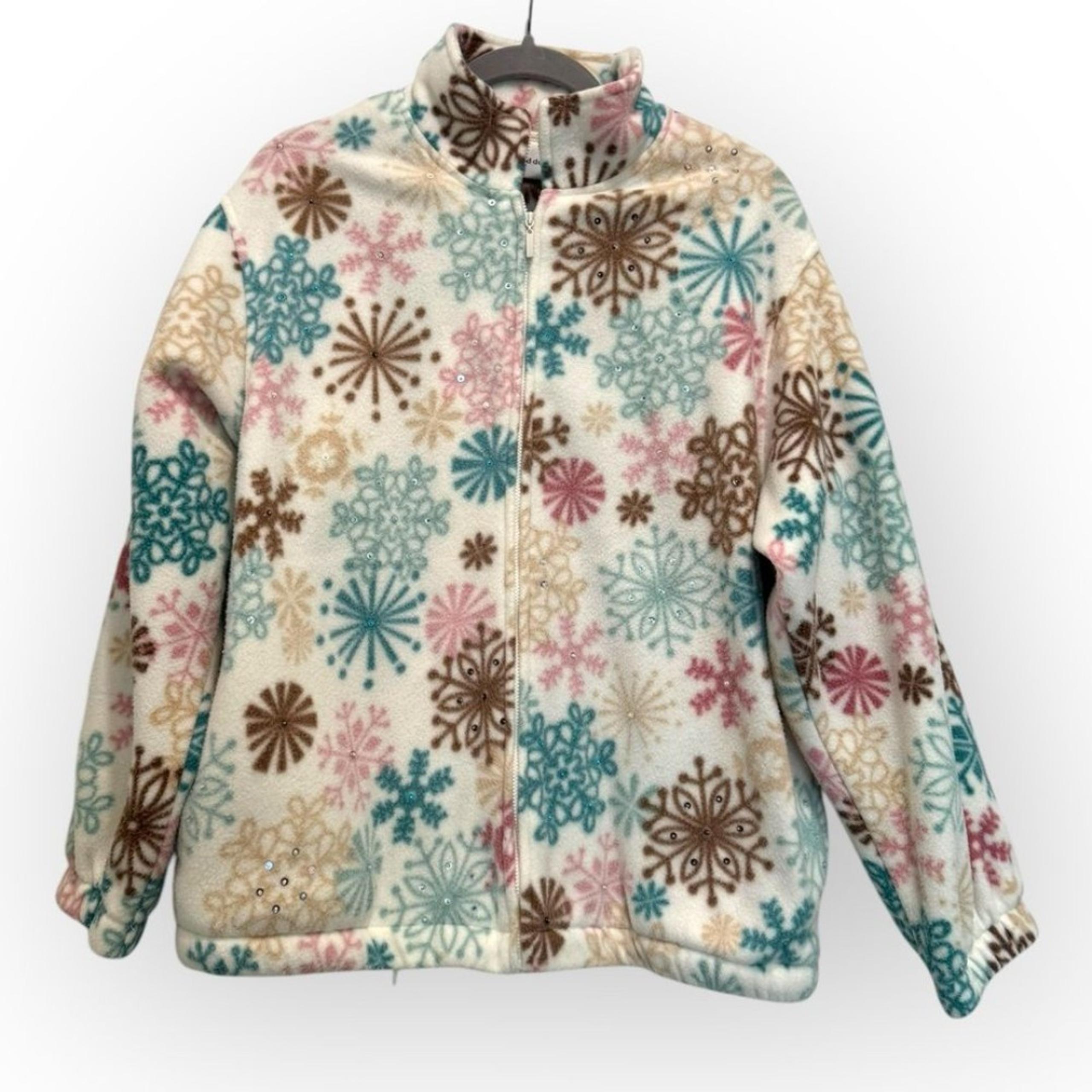 Alfred Dunner Snowflake Printed Fleece Jacket with Sequin Beads | Size Medium