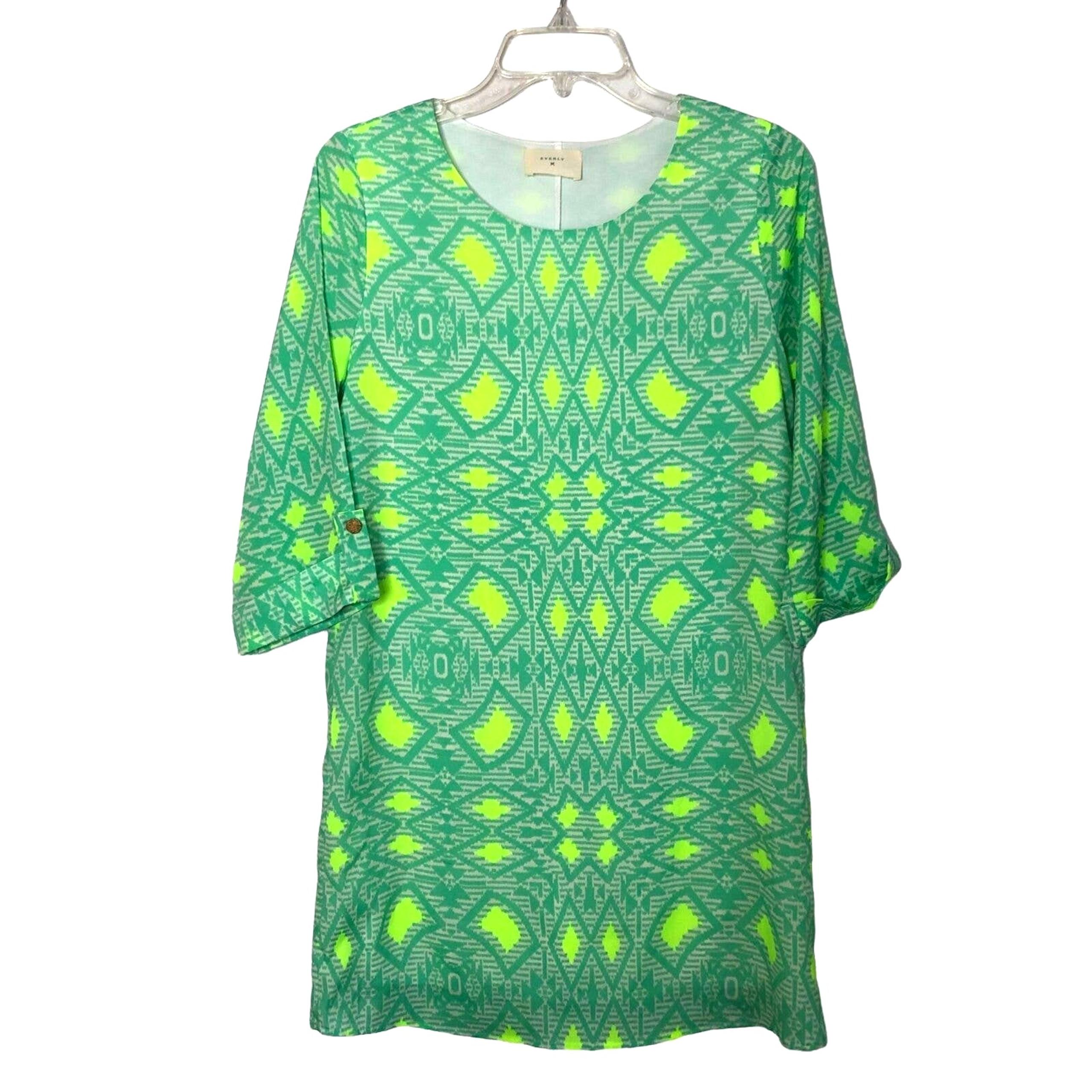 Everly Wms Small Green Neon Yellow Pullover Mini Dress Modern Casual Artsy Retro