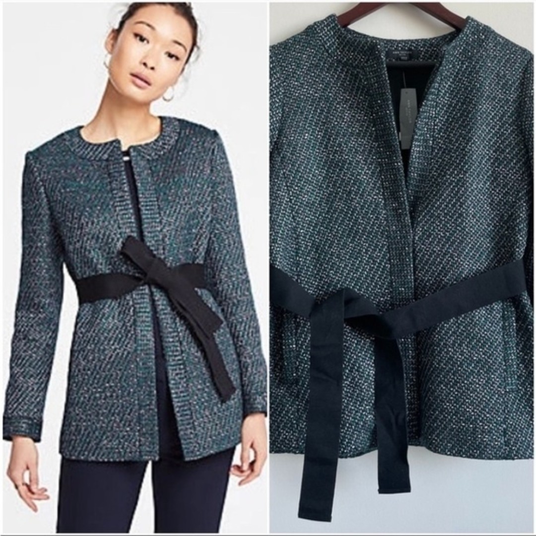 NWT Ann Taylor Tweed Mid Length Belted Blazer Jacket XS