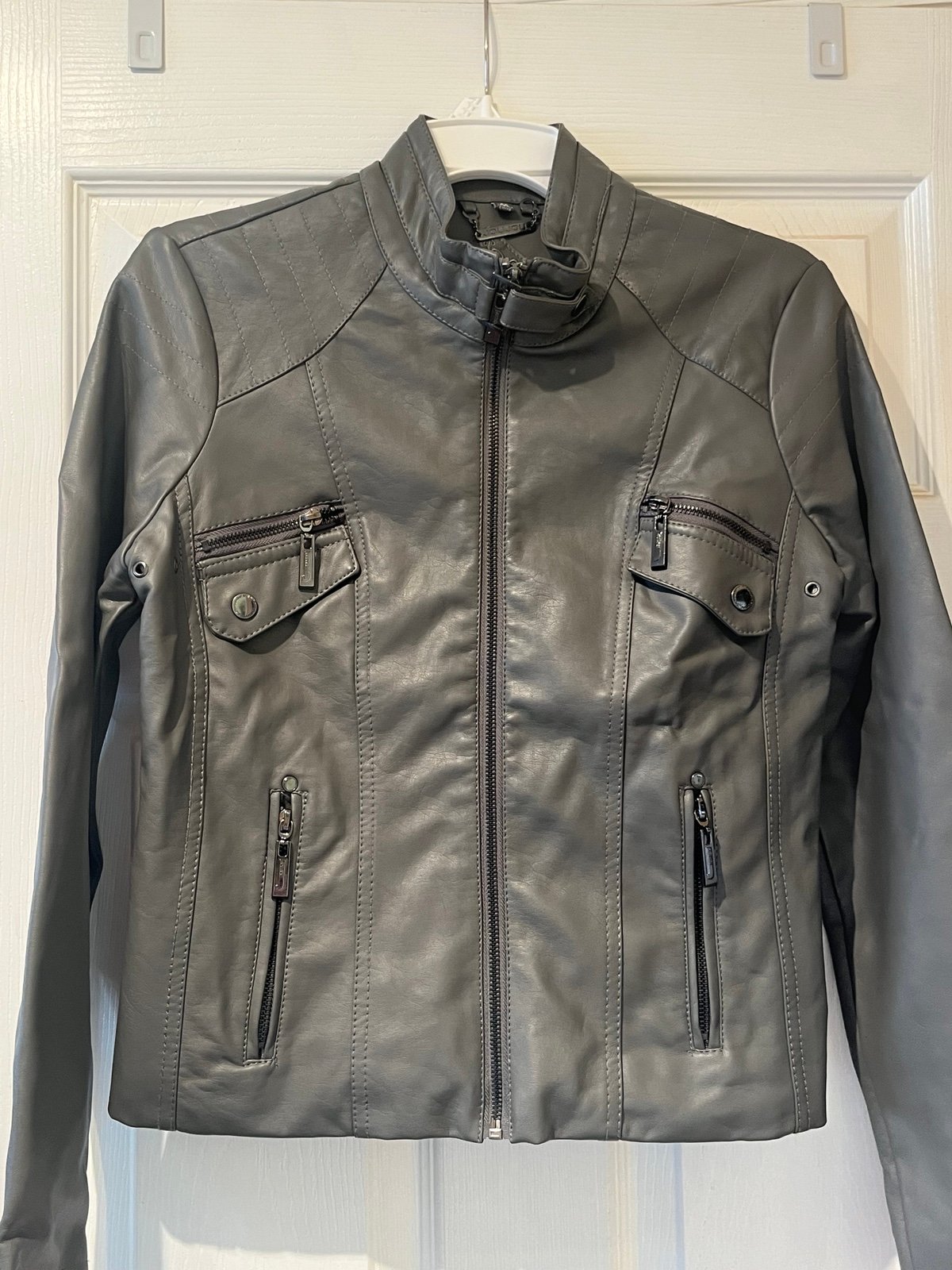 Jou Jou Women’s Faux Leather Gray Jacket Size Medium