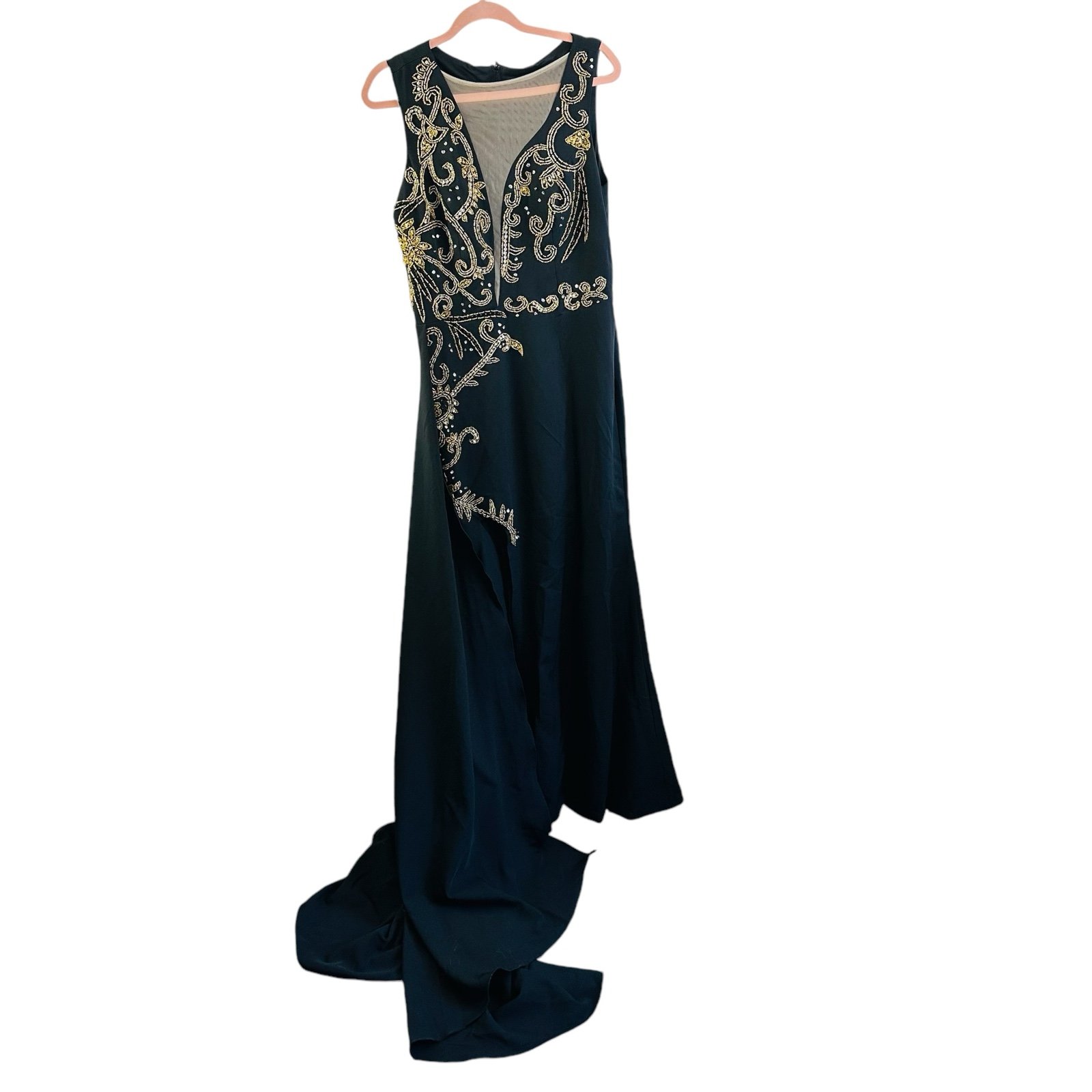 Black Gold Beaded Handmade Long Gown With Train See Measurements