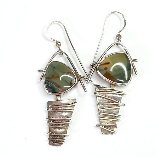 Artisan Sterling Silver Geometric Modernist Boho Earrings Green Brown Agate