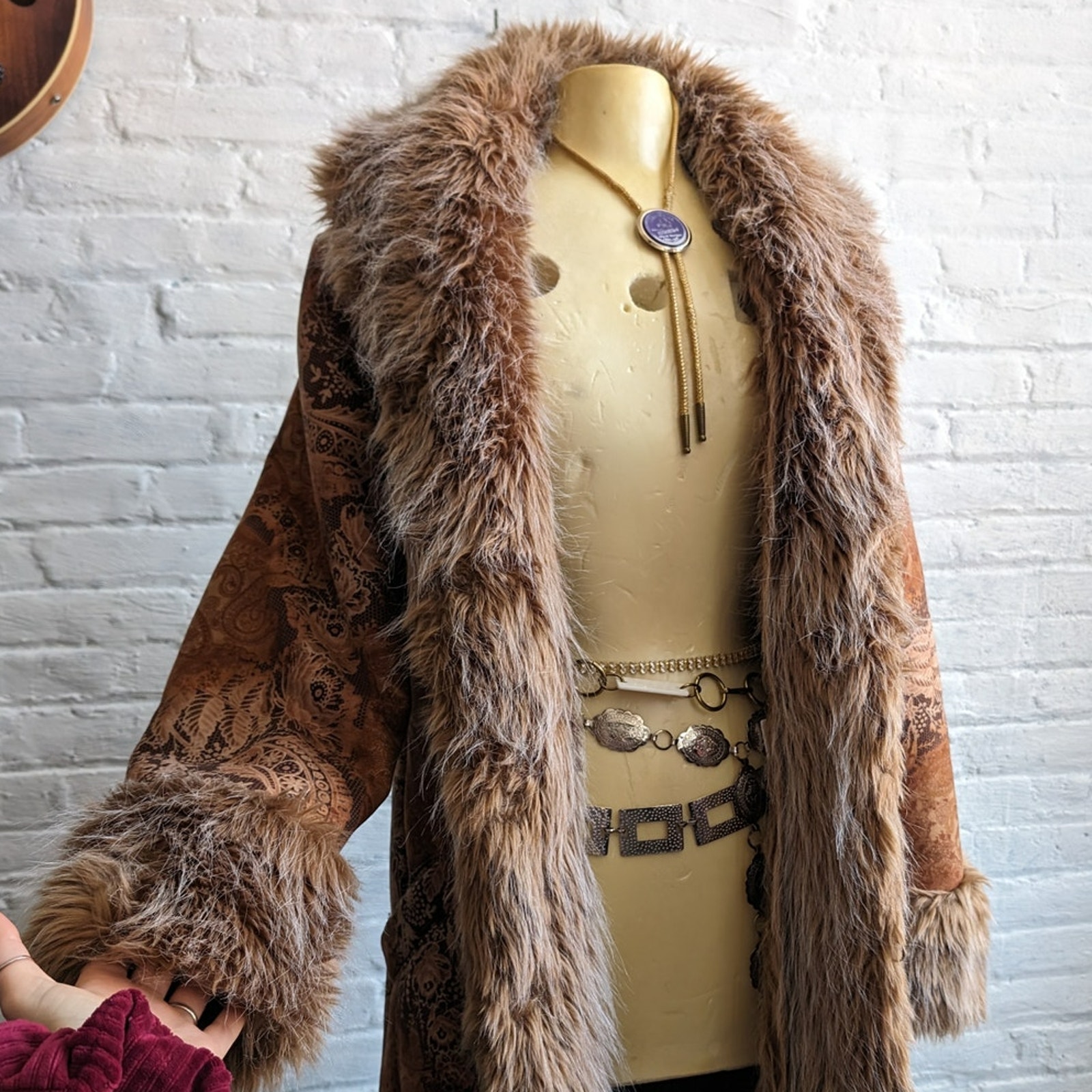 Vintage Leather Penny Lane Jacket Faux Fur Furry 70s Afghan Tapestry Trench Coat