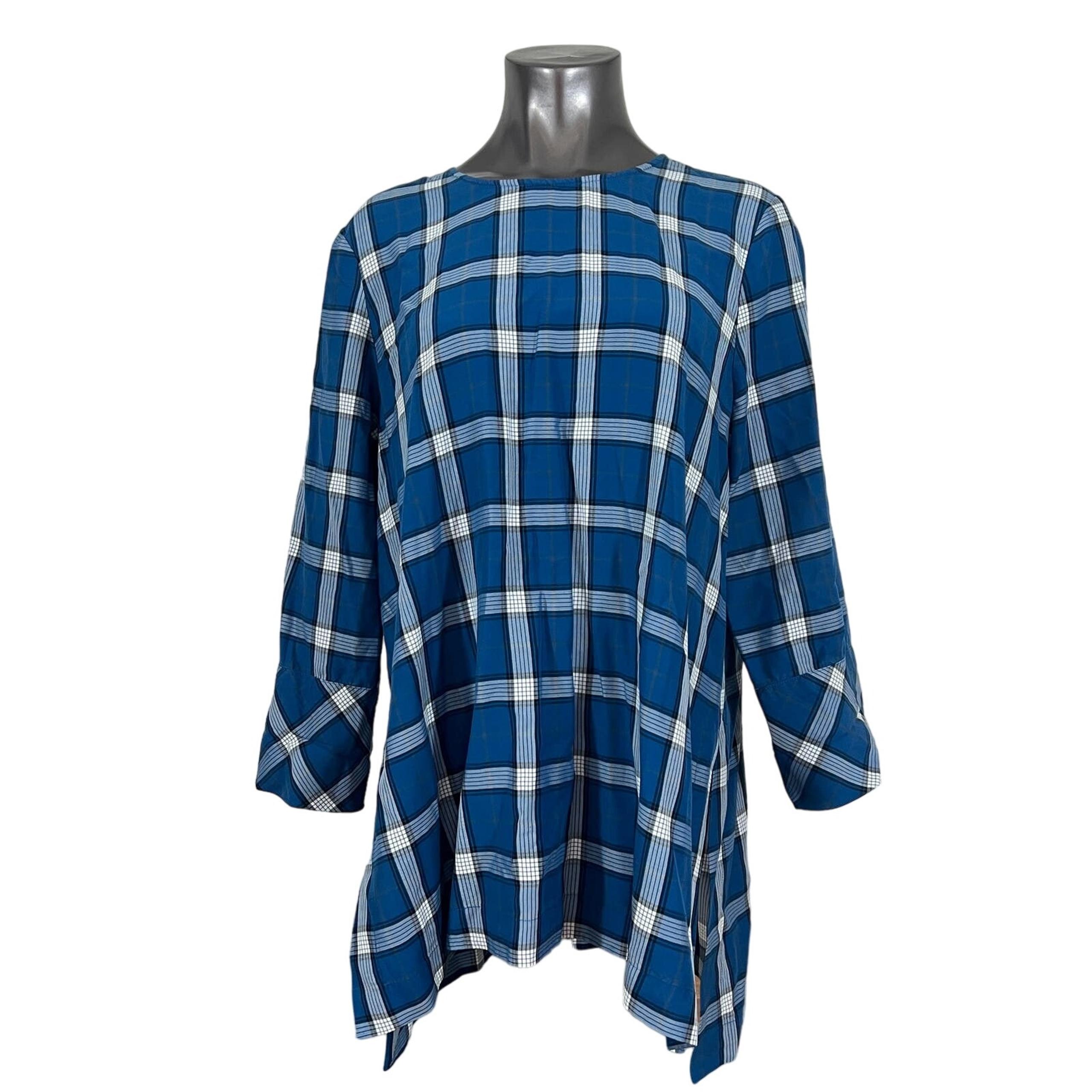 J.Jill Womens Shirt Blue Plaid Round Button Back Split Hem Round Neck 3/4 Sleeve