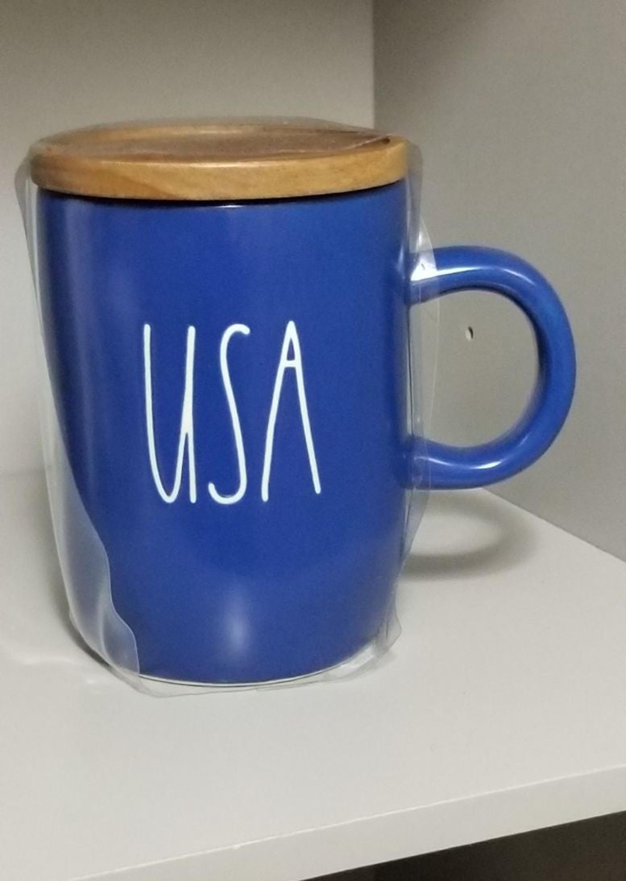 Rae Dunn Blue USA wooden lid cover coffee cup mug 4th of July