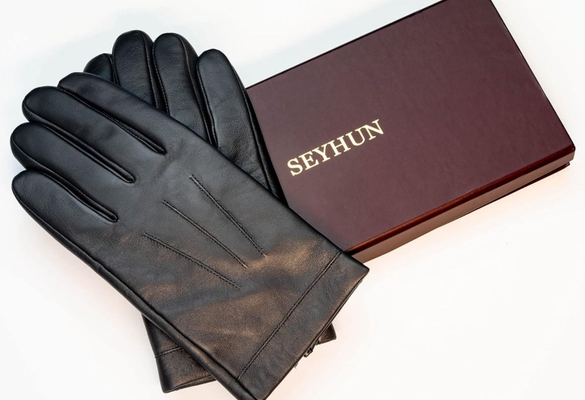 SEYHUN Winter Genuine Sheepskin Leather Gloves for Men Wool Lining Warm Black