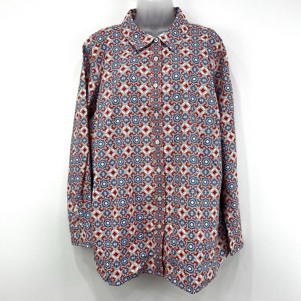 Talbots Top Women's 3X Geometric AOP Long Sleeve Button Up Cotton Office NWT