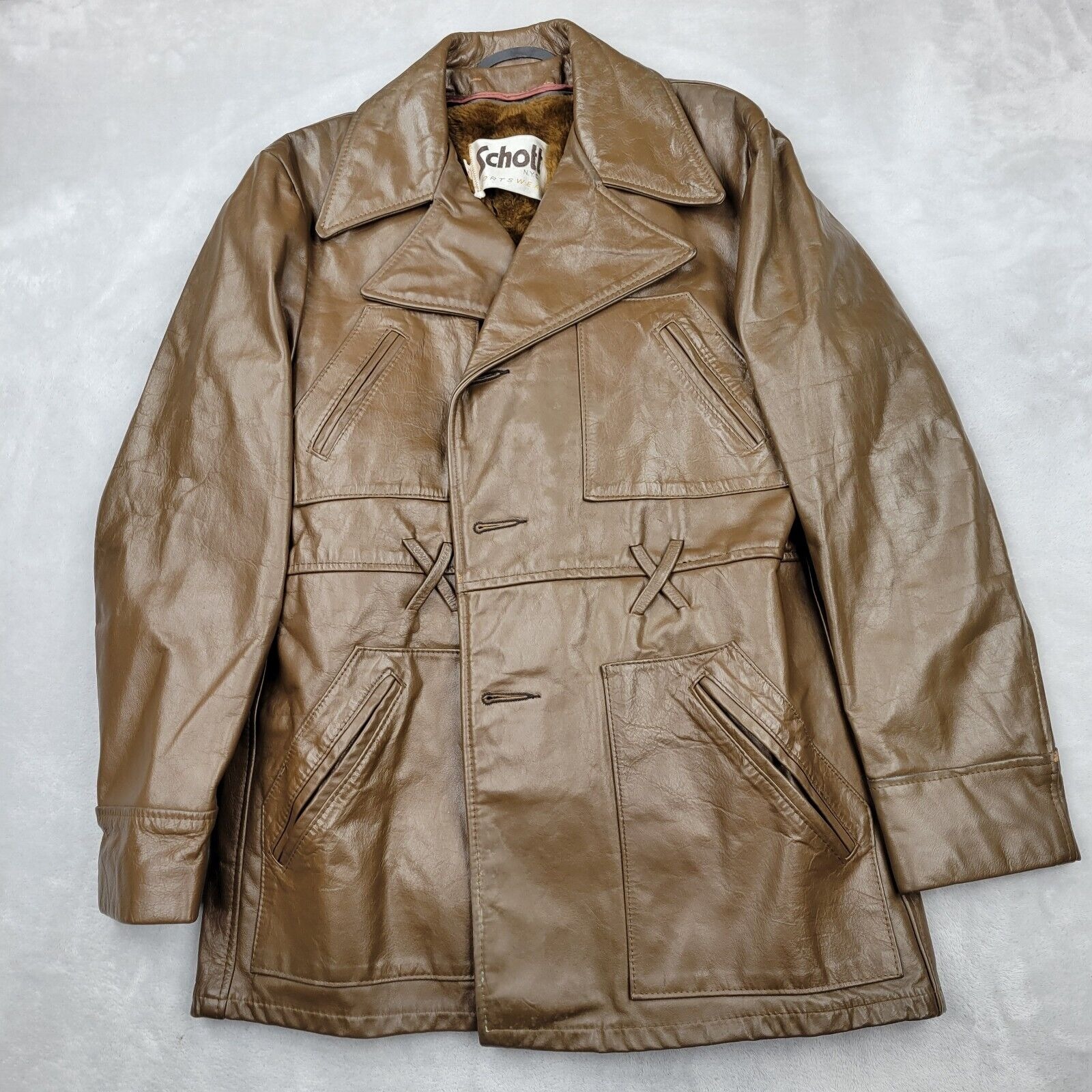 Schott Leather Jacket Mens 44 Brown Coat Fur Lining Removable Zipper Sportswear