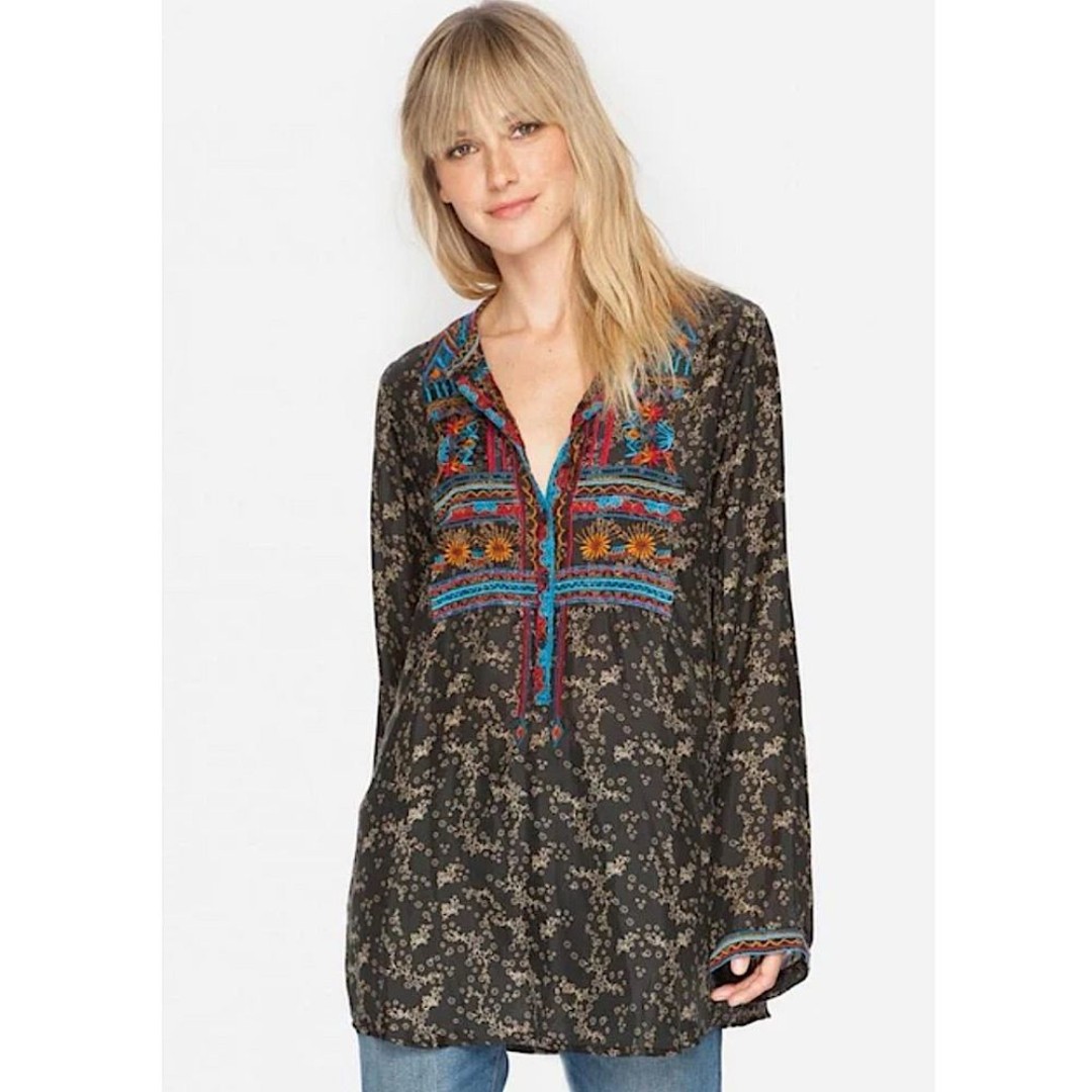 NWT Johnny Was 100% Silk Biya Embroidered Top L Black Floral Tunic Festival Boho