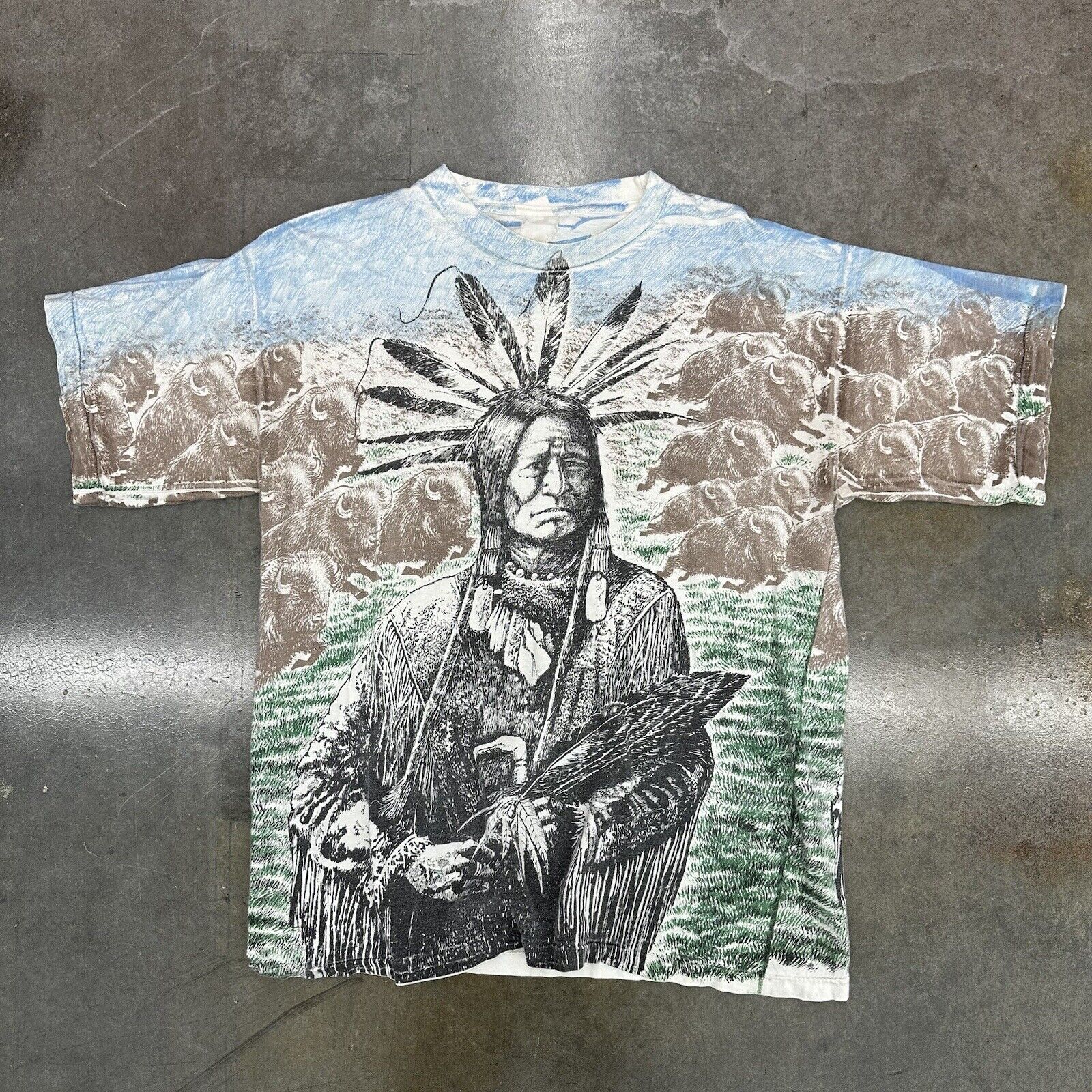 Vintage Indian Buffalo All Over Print Native American XL T Shirt