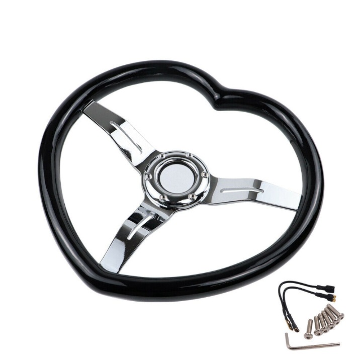 BRAND NEW 340MM Universal Heart Shaped Black ABS Steering Wheel Chrome Spoke