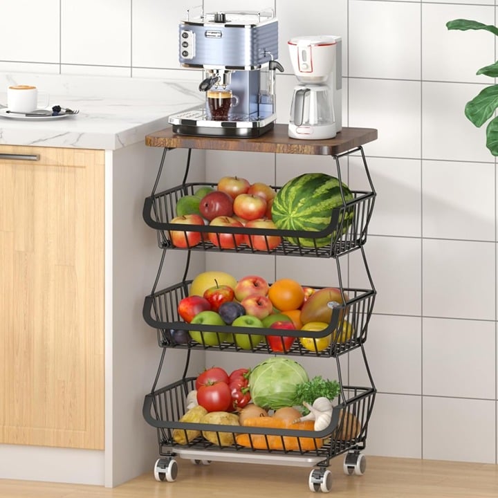 Fruit Basket with Wooden Lid for Kitchen, 4-Tier Stackable Wire Fruit Basket