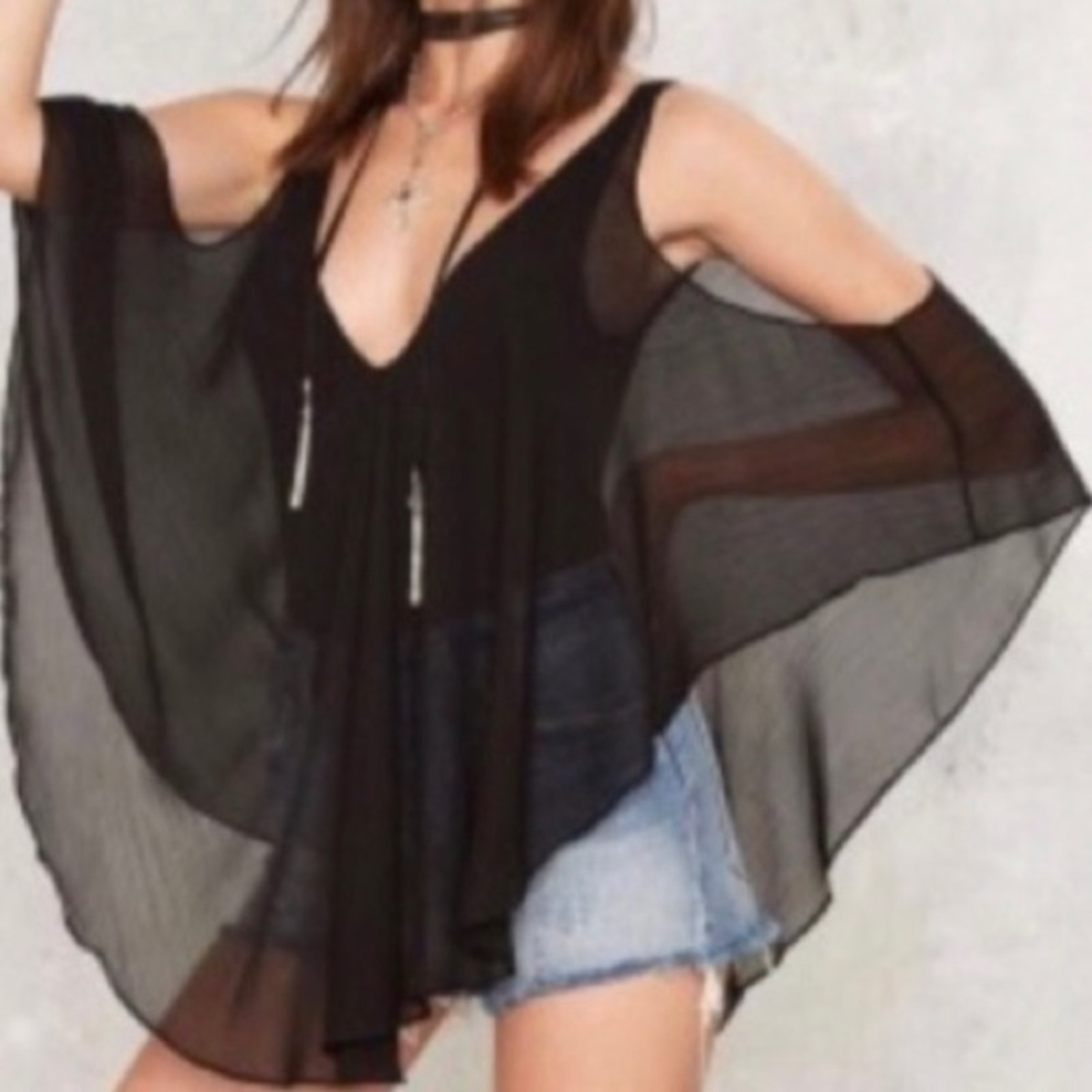 ONE MARKET Women's Flowy Cream Deep V-Neck Cold Shoulder Bodysuit