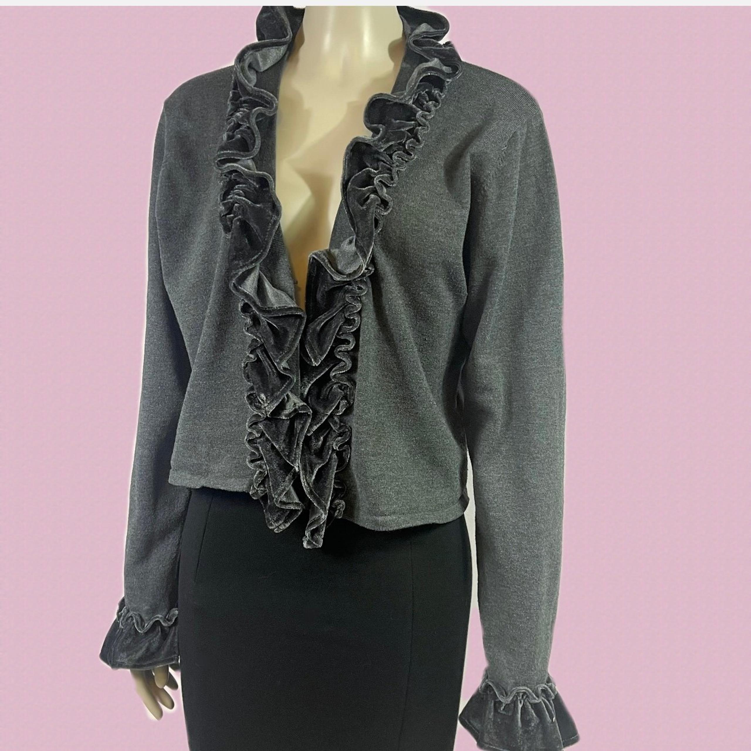 Grey Ruffled Cardigan Sweater