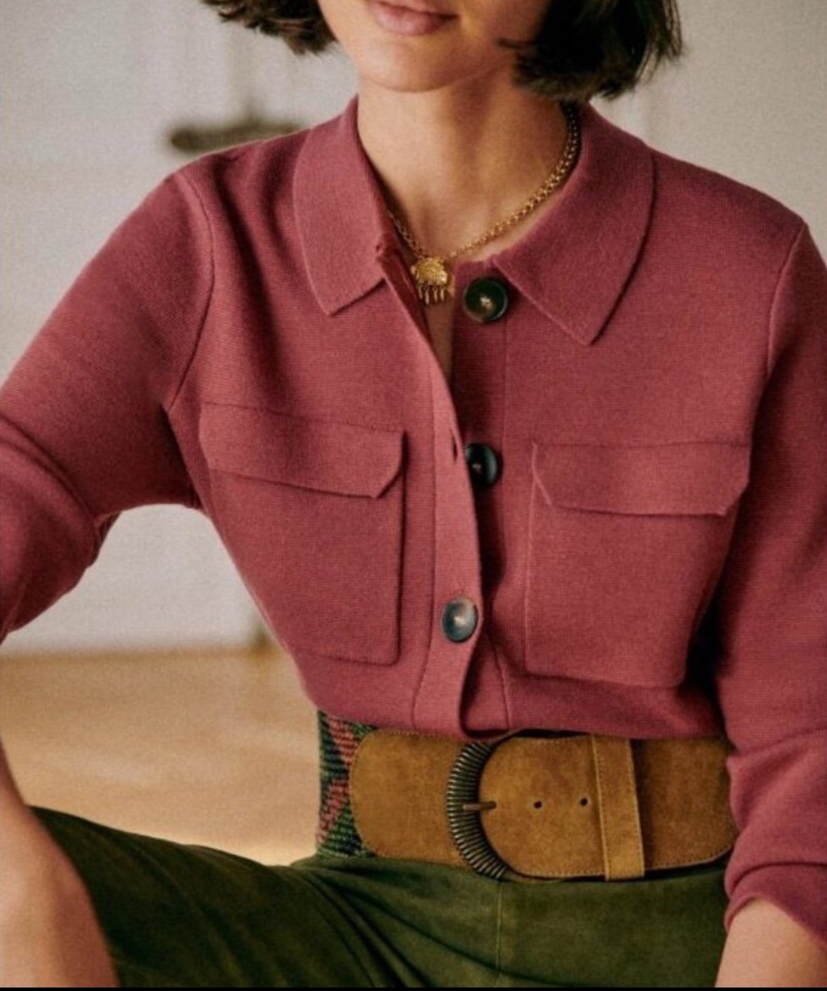 Sezane NWOT Betty Cardigan in Rosewood Red Long Sleeves Collar Wool Size Medium